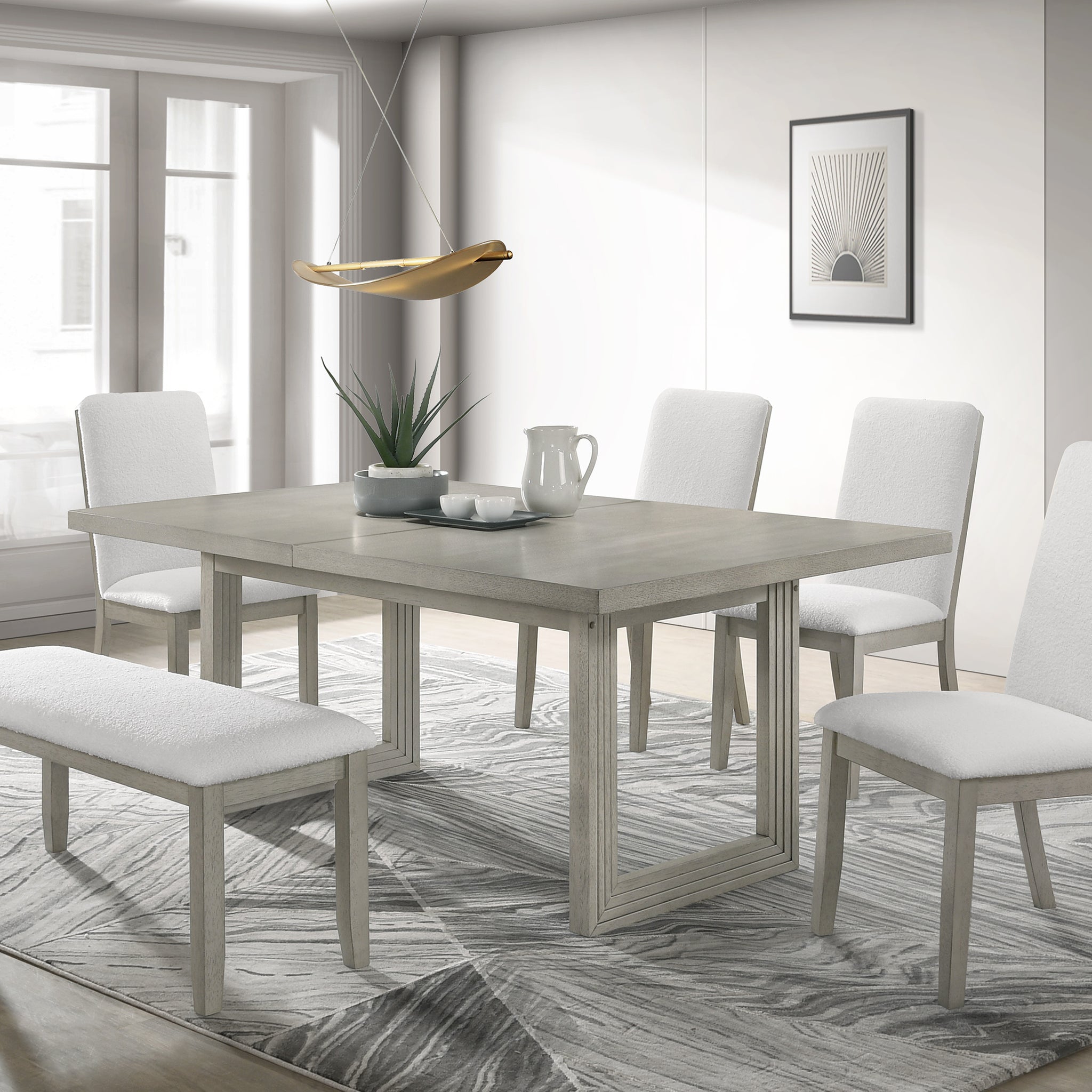 6Pc Contemporary Dining Set Double Pedestal Rectangular 18"Leaf Table Light Gray Fabric Upholstery Chair Bench Wooden Dining Room Furniture Wood Wood Light Gray Seats 6 Wood Dining Room Extendable Contemporary,Transitional Rectangular Trestle Rectangular