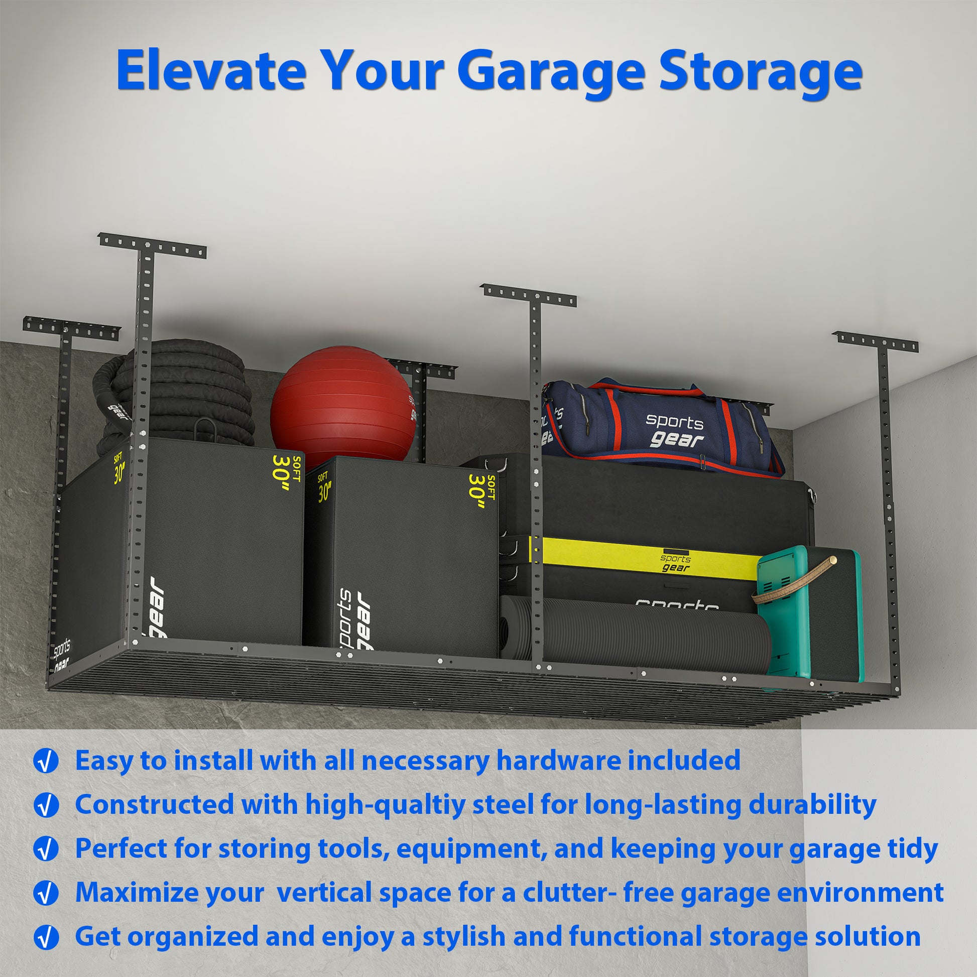 3X8Ft Overhead Garage Storage Rack,Adjustable Garage Storage Organization Systerm,Heavy Duty Metal Garage Ceiling Storage Racks,660Lbs Weight Capacity,Black Black Metal