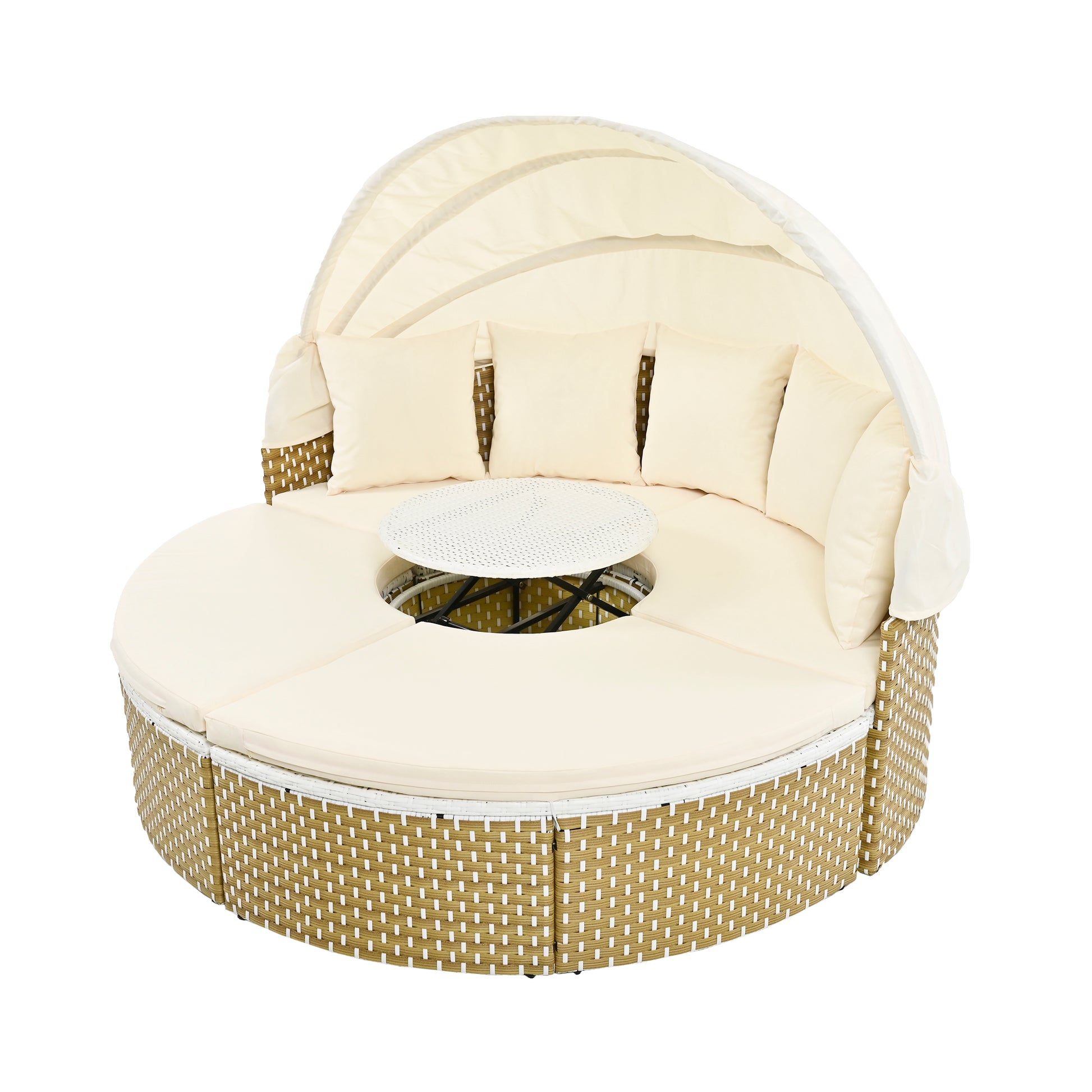 Patio Furniture Round Outdoor Sectional Sofa Set Rattan Daybed Two Tone Weave Sunbed With Retractable Canopy, Separate Seating And Removable Cushion, Beige Yes Sectional Beige Weather Resistant Frame Water Resistant Cushion Garden & Outdoor Luxury