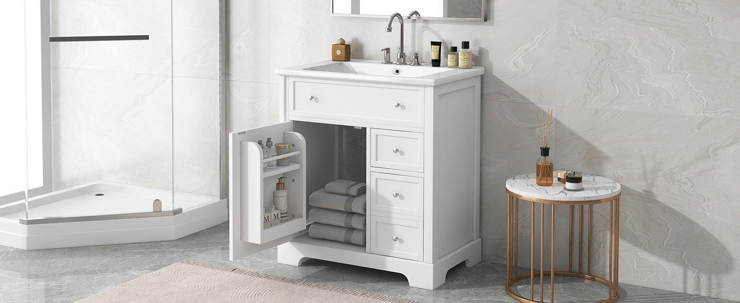 30" Bathroom Vanity With Sink Top, Bathroom Vanity Cabinet With Door And Two Drawers, Mdf Boards, Solid Wood, One Package, White White Solid Wood Mdf