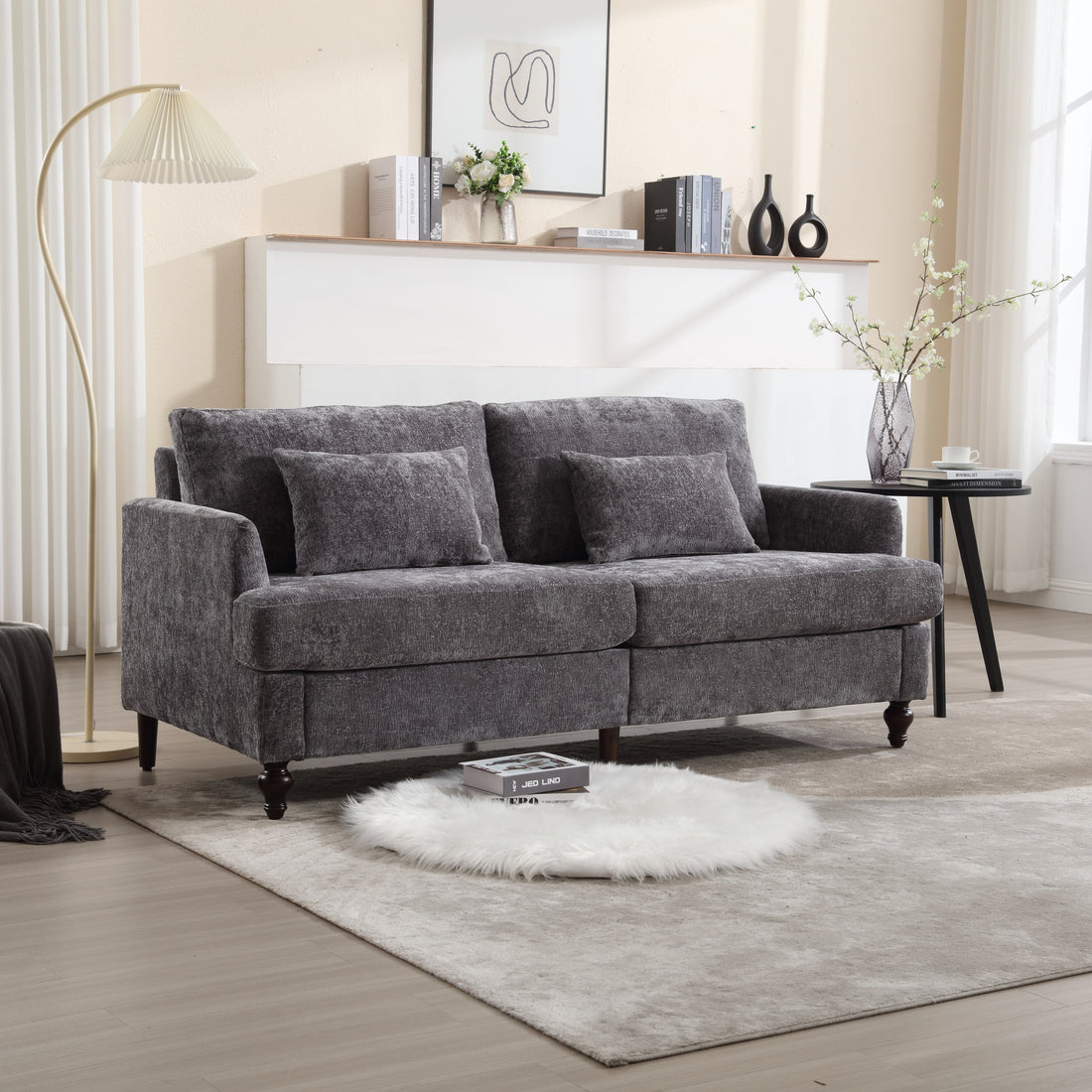 Coolmore Mid Century Modern Chenille Fabric Loveseat Sofa, 2 Seat Upholstered Loveseat Sofa Modern Couch For Living Room,Brown Wood Feet Sofa For Bedroom, Reading Gray Chenille Gray Chenille 2 Seat