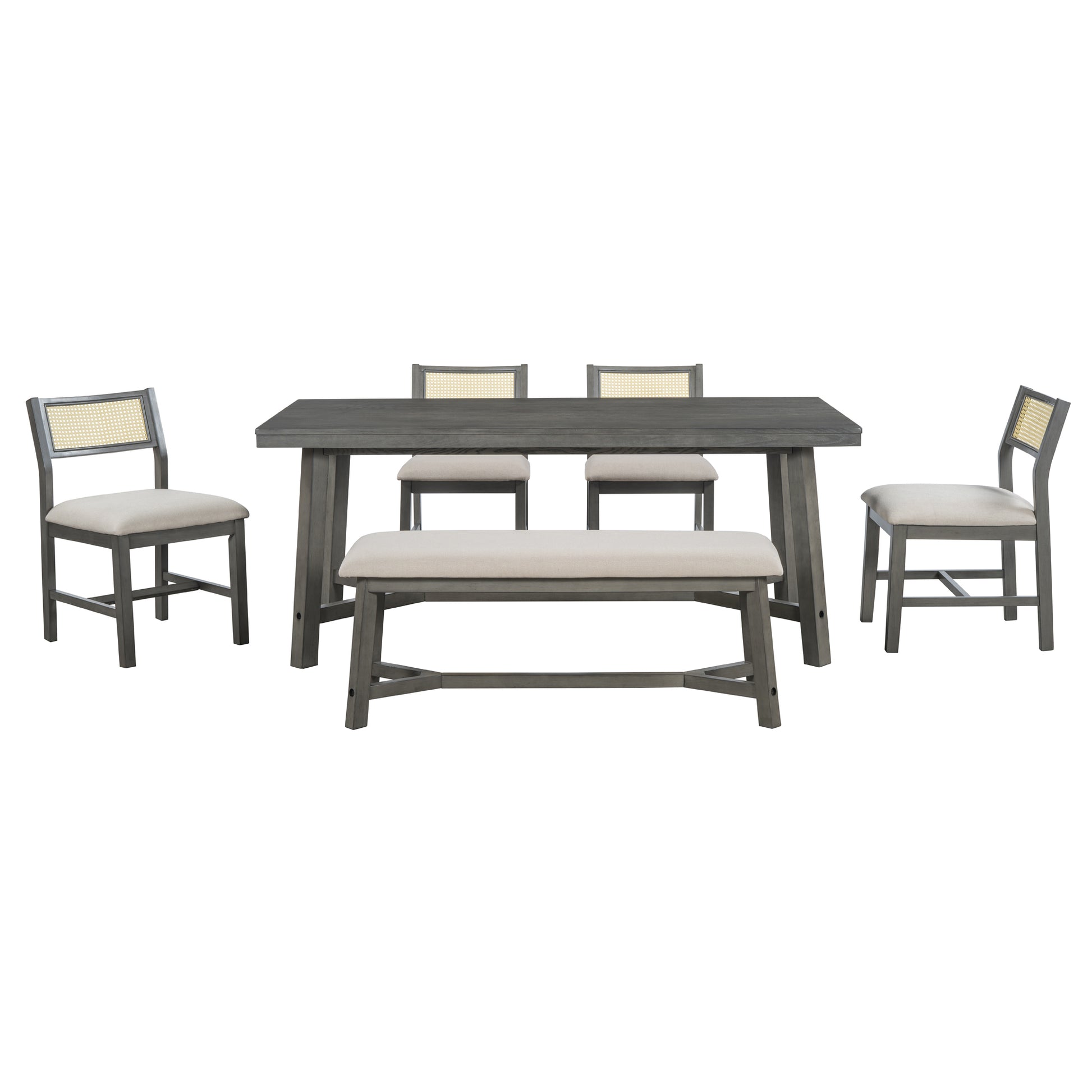 6 Piece Retro Farmhouse Style Dining Set, Rectangular Table And 4 Upholstered Chairs With Rattan And Bench For Dining Room And Kitchen Gray Gray Solid Wood Mdf