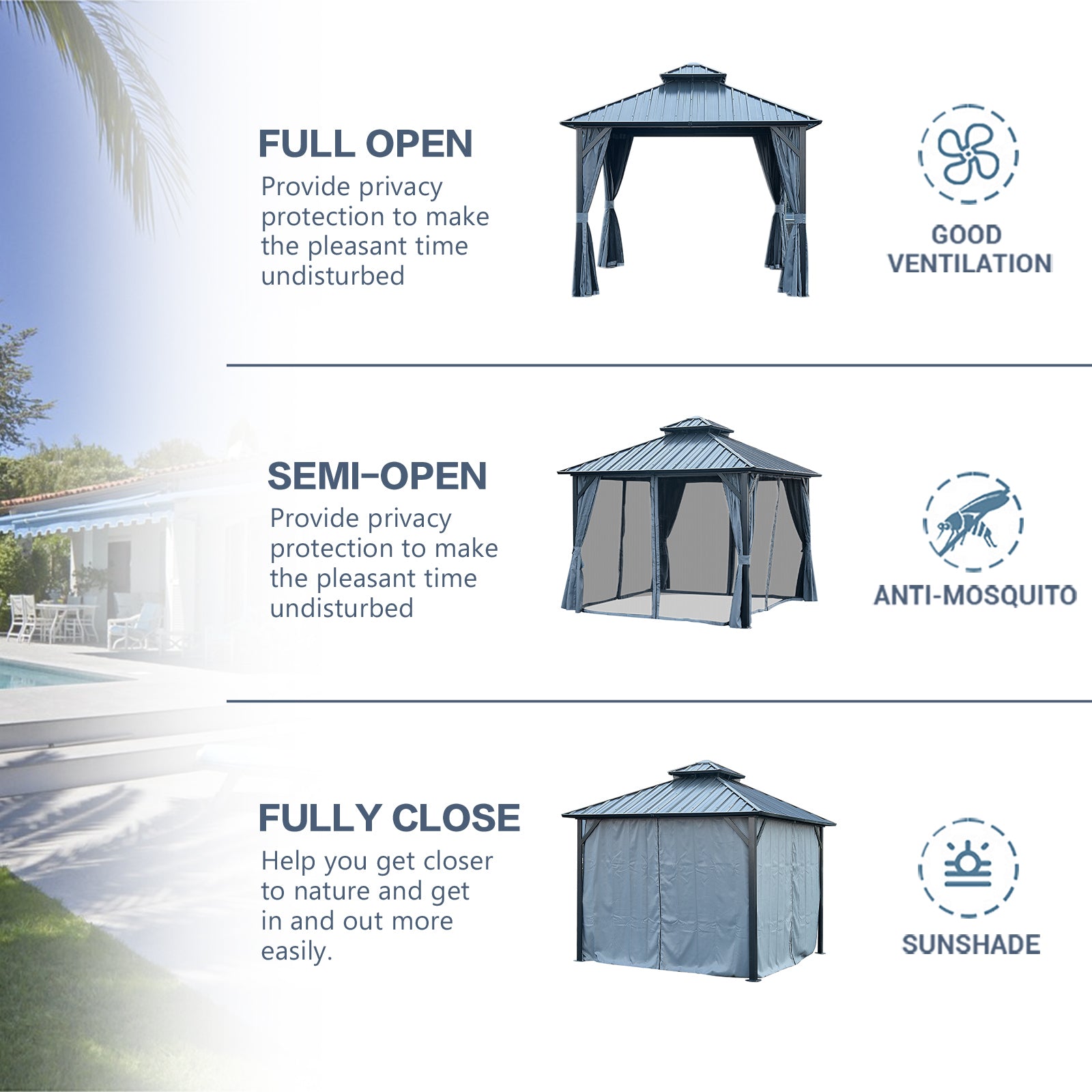 10*10Ft Patic Gazebo,Alu Gazebo With Steel Canopy,Outdoor Permanent Hardtop Gazebo Canopy For Patio, Garden, Backyard Gray Aluminium