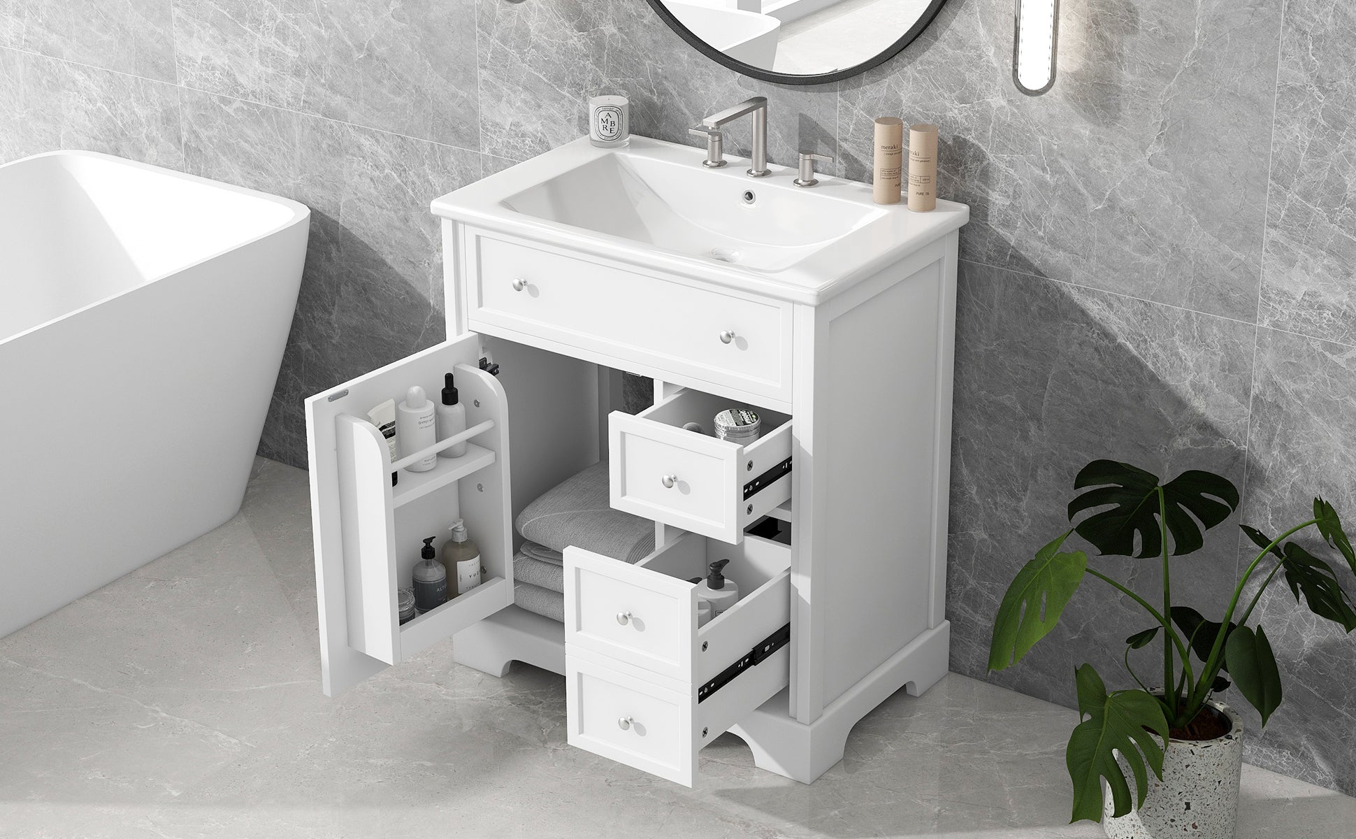 30" Bathroom Vanity With Sink Top, Bathroom Vanity Cabinet With Door And Two Drawers, Mdf Boards, Solid Wood, One Package, White White Solid Wood Mdf