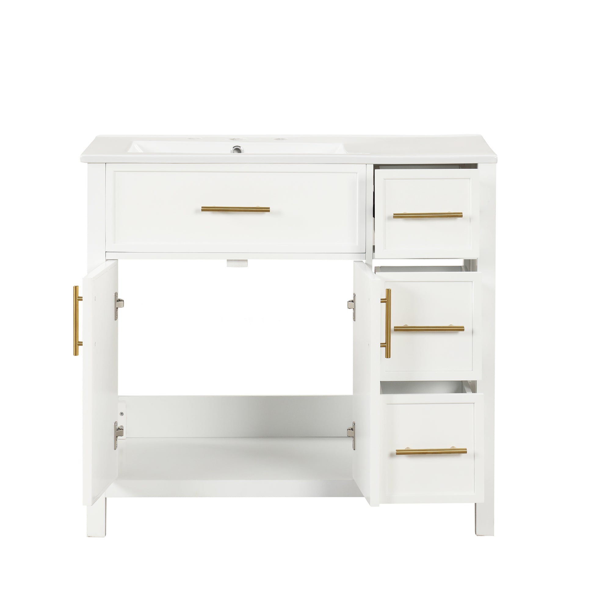 36" Bathroom Vanity With Sink Top, Bathroom Vanity Cabinet With Two Doors And Three Drawers, Solid Woodmdf Boards ,One Package, White White Solid Wood Mdf