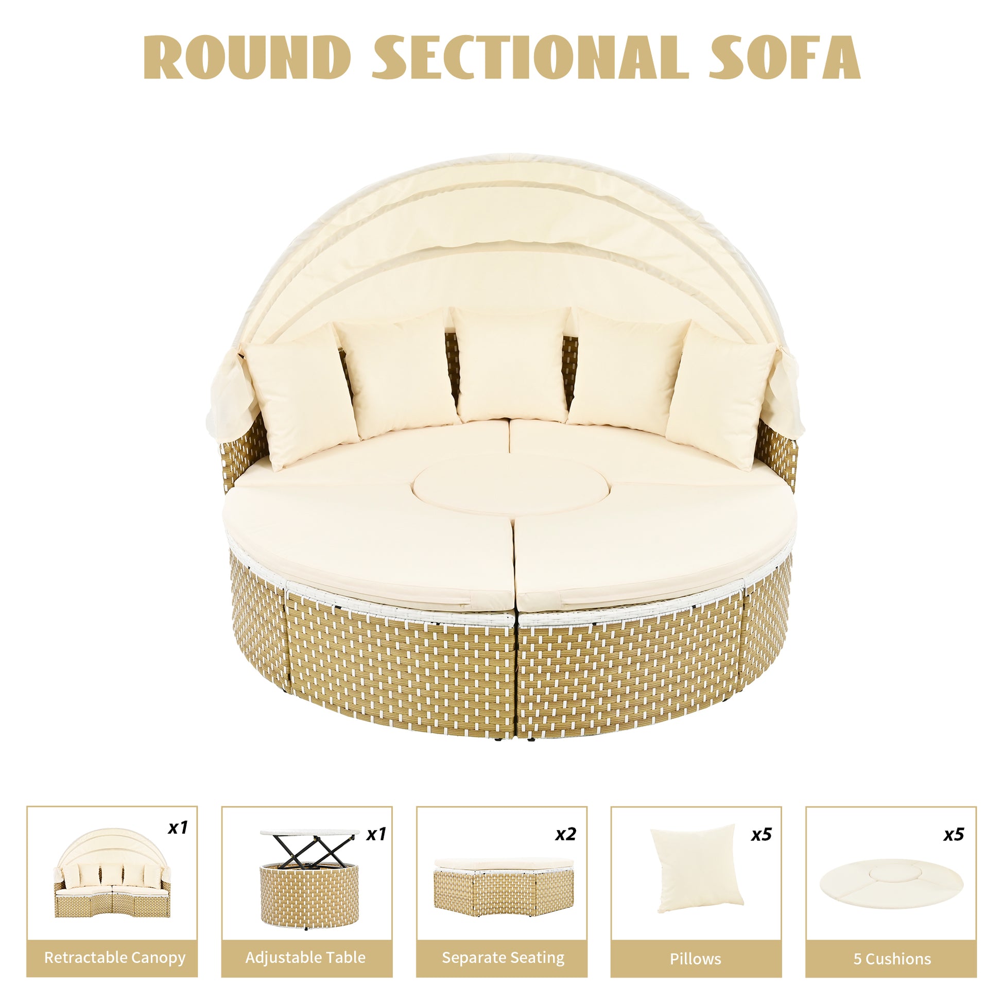 Patio Furniture Round Outdoor Sectional Sofa Set Rattan Daybed Two Tone Weave Sunbed With Retractable Canopy, Separate Seating And Removable Cushion, Beige Yes Sectional Beige Weather Resistant Frame Water Resistant Cushion Garden & Outdoor Luxury