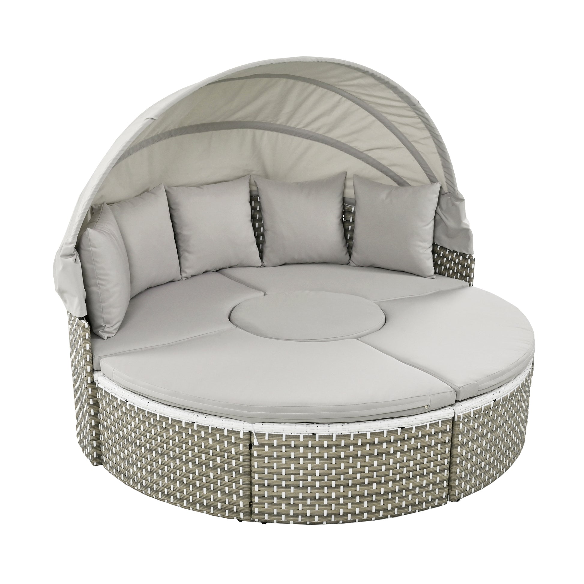 Patio Furniture Round Outdoor Sectional Sofa Set Rattan Daybed Two Tone Weave Sunbed With Retractable Canopy, Separate Seating And Removable Cushion, Gray Yes Sectional Gray Weather Resistant Frame Water Resistant Cushion Garden & Outdoor Luxury