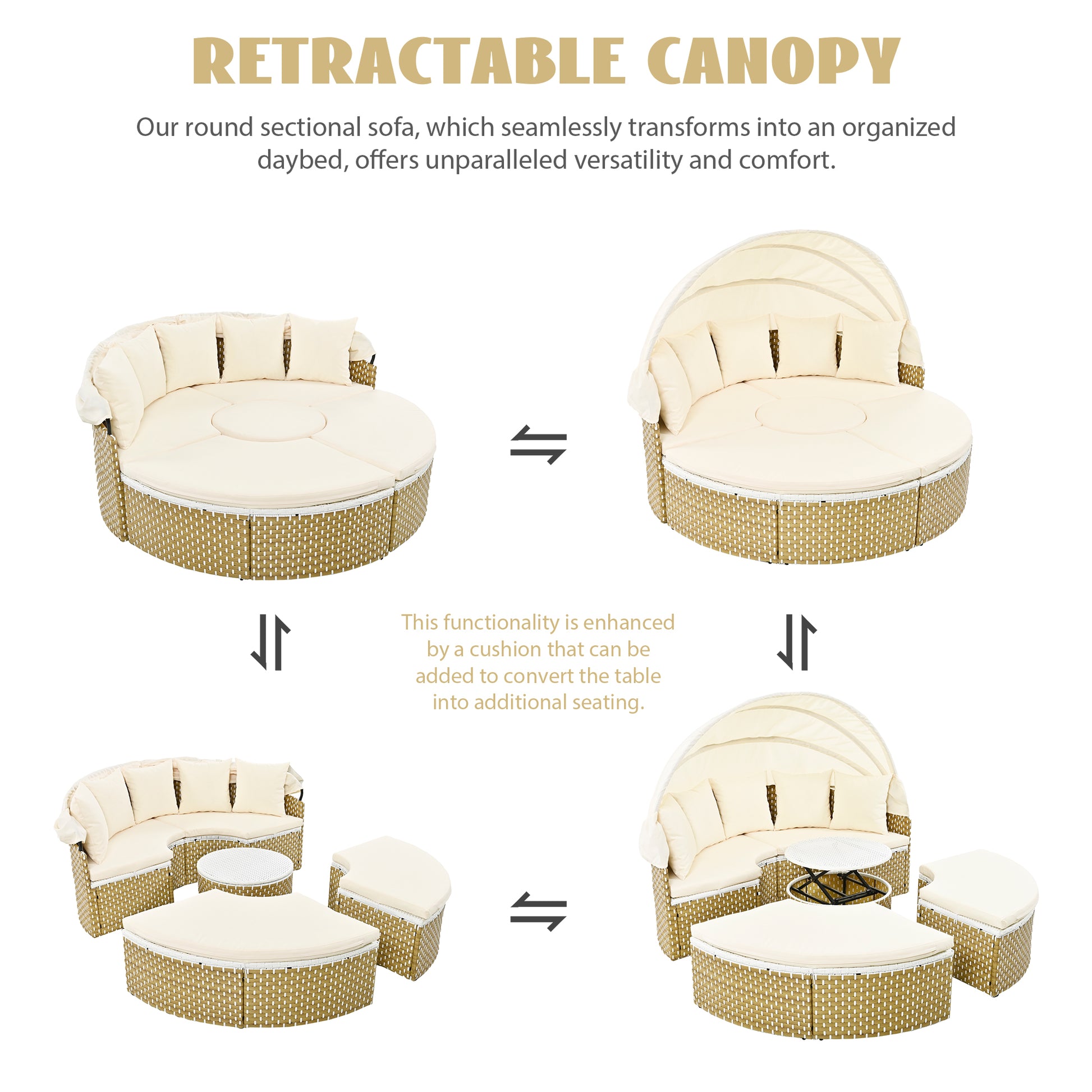 Patio Furniture Round Outdoor Sectional Sofa Set Rattan Daybed Two Tone Weave Sunbed With Retractable Canopy, Separate Seating And Removable Cushion, Beige Yes Sectional Beige Weather Resistant Frame Water Resistant Cushion Garden & Outdoor Luxury