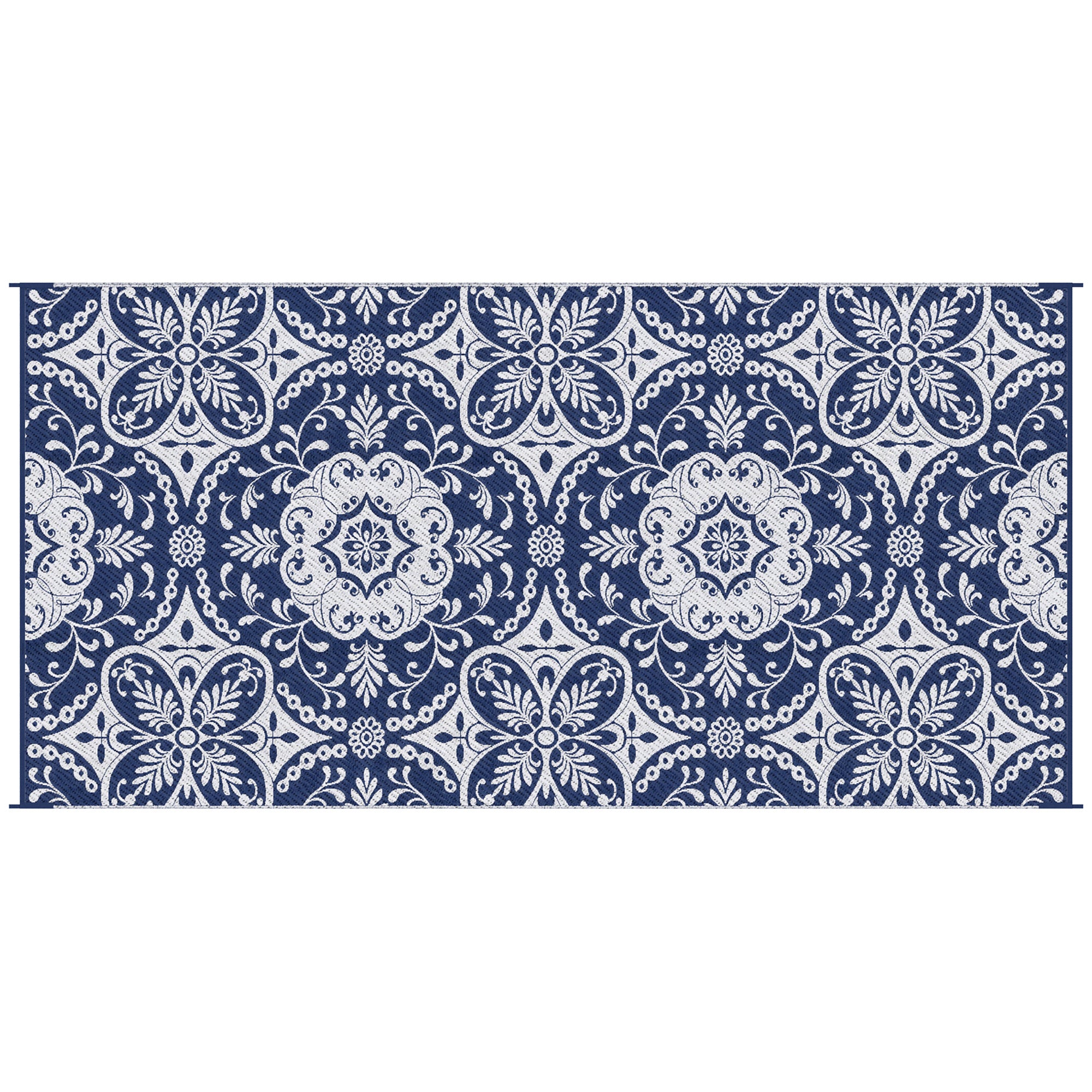 Outsunny Reversible Outdoor Rug Carpet, 9' X 18' Waterproof Plastic Straw Rug, Portable Rv Camping Rugs With Carry Bag, Large Floor Mat For Backyard, Deck, Picnic, Beach, Blue & White Floral Blue Polypropylene
