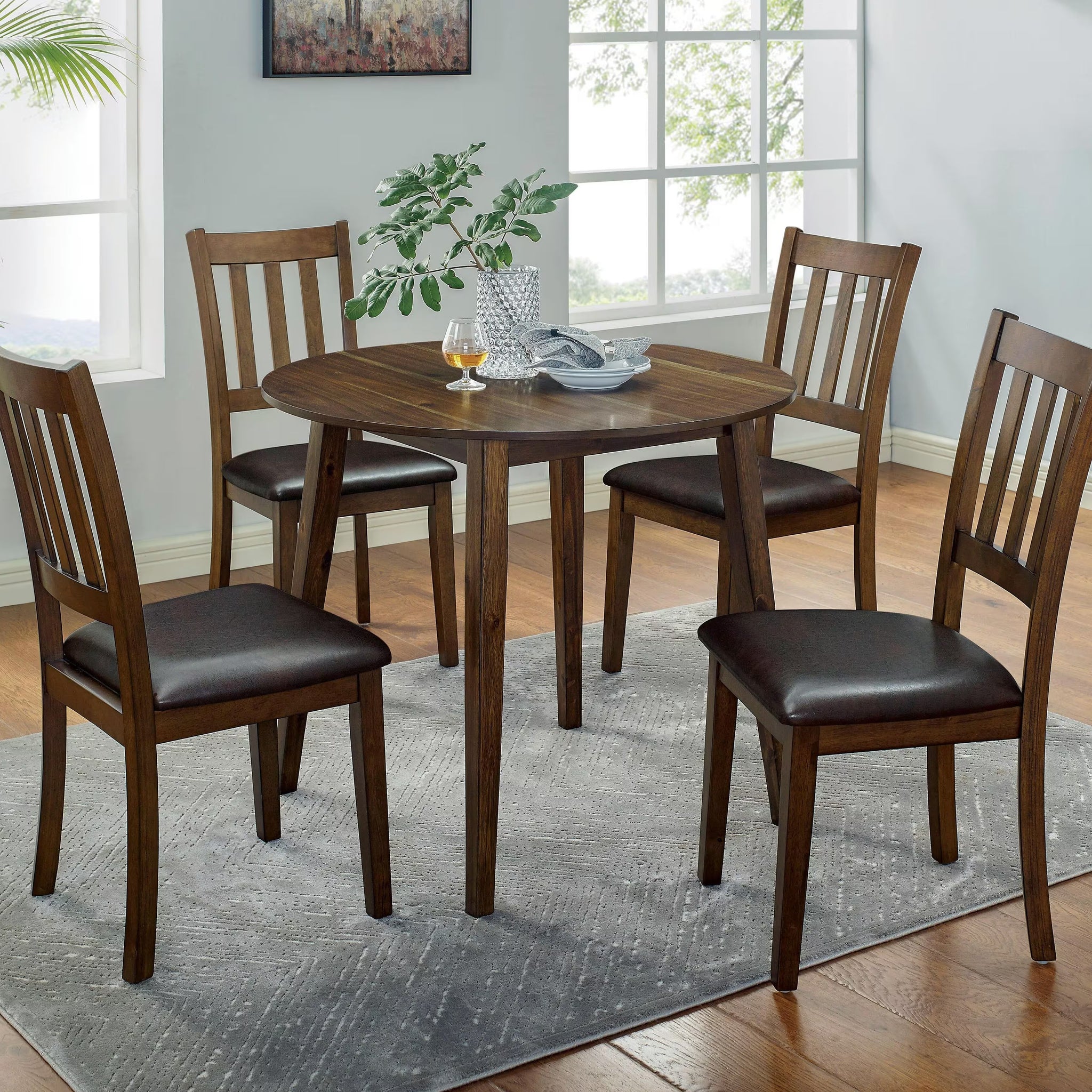 Kitchen 5Pc Dining Set Round Dining Table And 4X Side Chairs Walnut, Dark Brown Transitional Solid Wood Dining Room Furniturepadded Seat Wood Walnut Brown Slat Back Seats 4 Wood Dining Room Solid