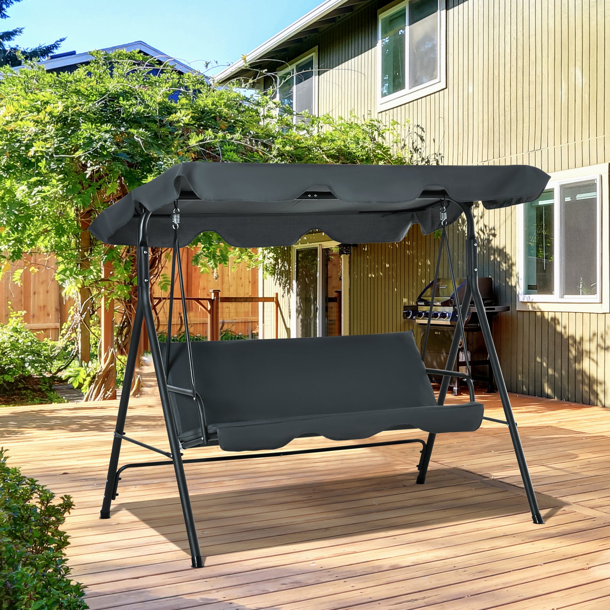 Outsunny 3 Person Porch Swing With Stand, Outdoor Swing For Patio Porch With Adjustable Tilt Canopy & Comfortable Swing Bench Style Seat, Steel Frame, Grey Gray Steel