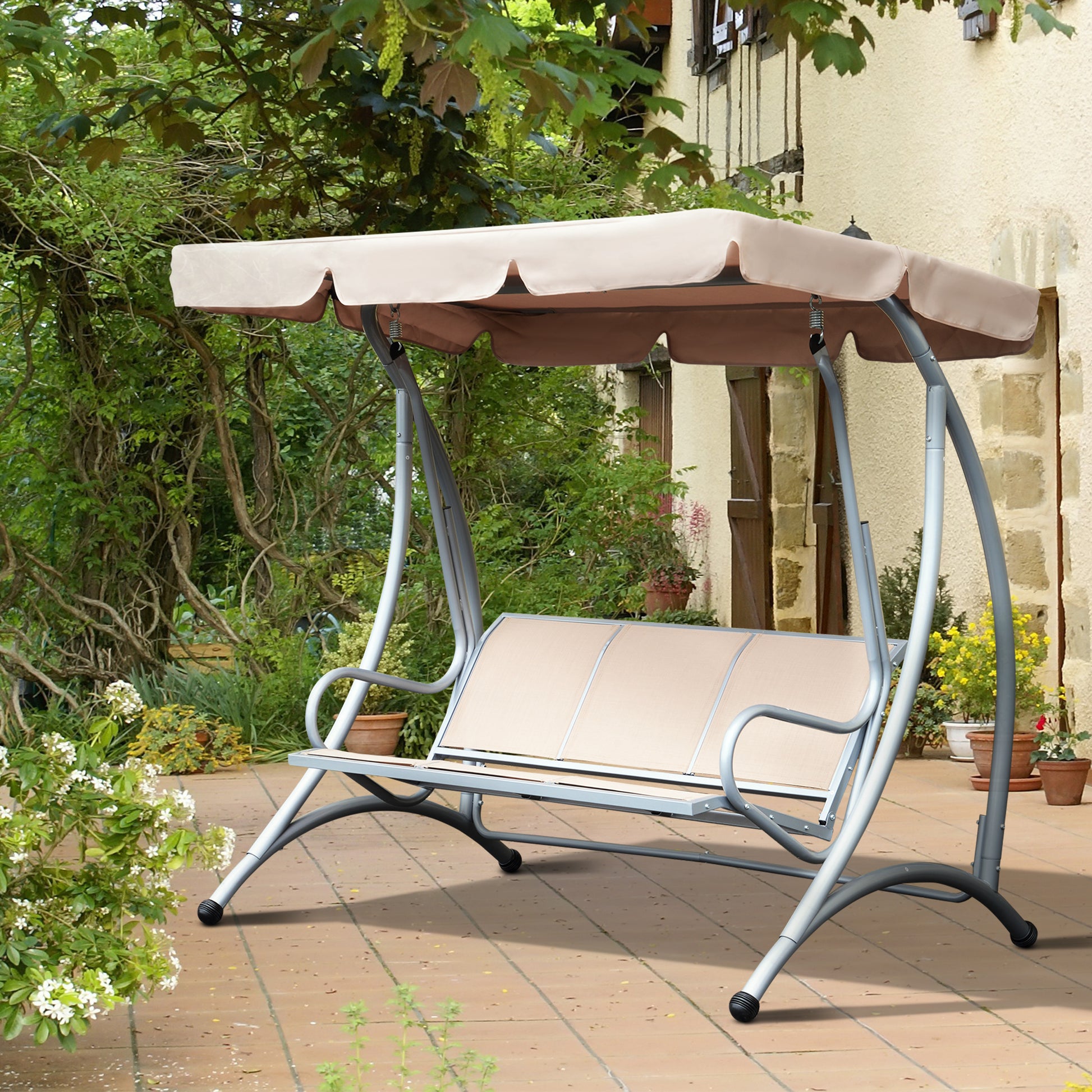 Outsunny 3 Seat Outdoor Porch Swing Chair, Patio Swing Glider With Adjustable Canopy,Seat, And Steel Frame For Garden, Poolside, Backyard, Beige Beige Steel