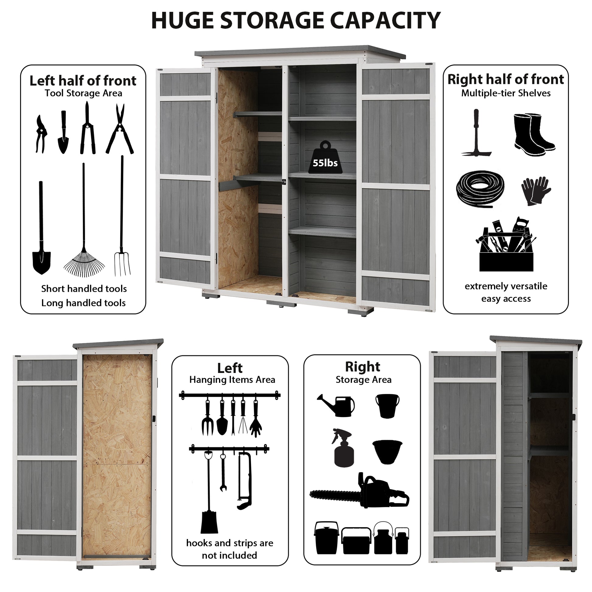 Outdoor 5.5Ft Hx4.1Ft L Wood Storage Shed, Garden Tool Cabinet With Waterproof Asphalt Roof, Four Lockable Doors, Multiple Tier Shelves, White And Gray White Gray Water Resistant Frame Garden &