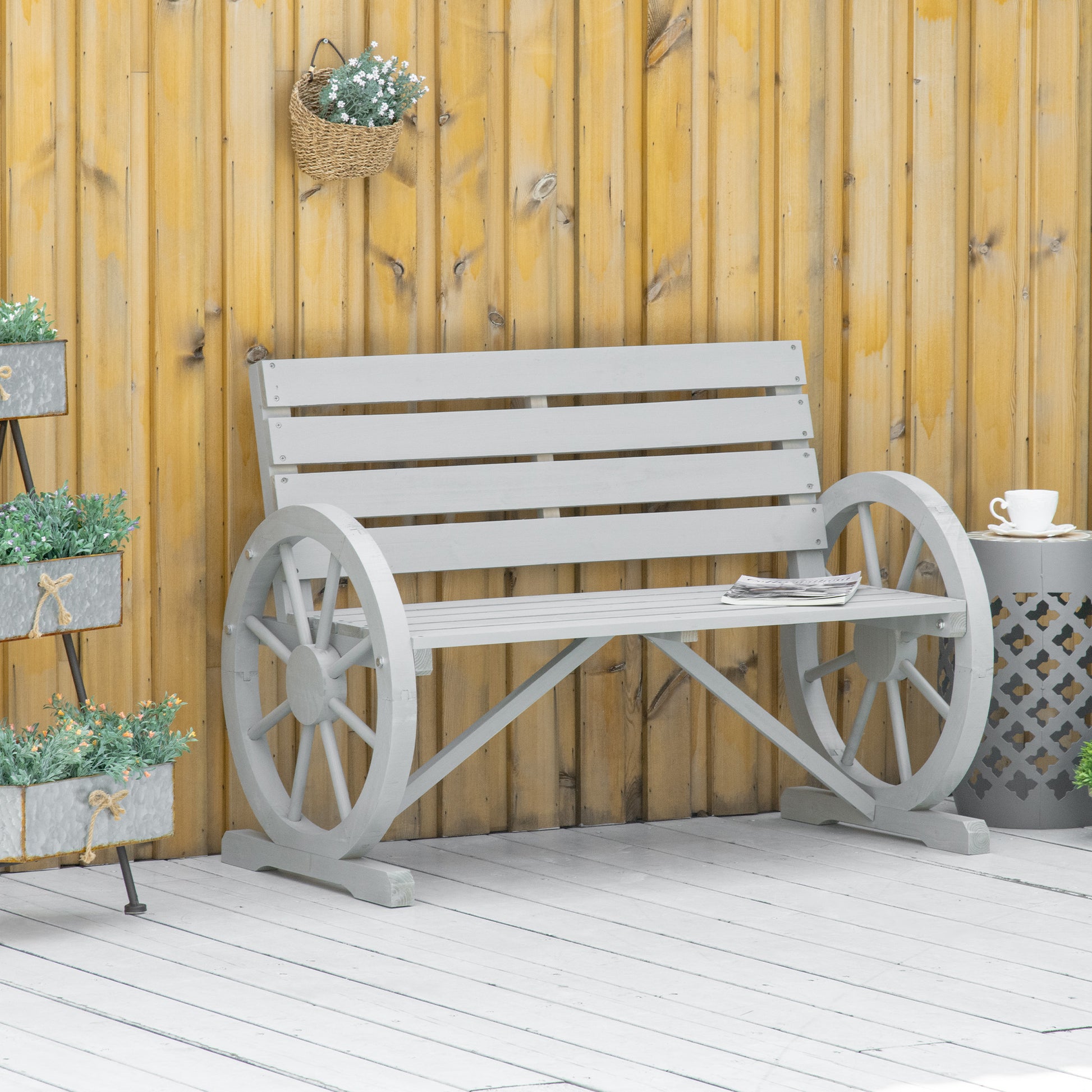 Outsunny 41" Wooden Wagon Wheel Bench, Rustic Outdoor Patio Weather Resistance Furniture, 2 Person Slatted Seat Bench With Backrest, Light Gray Gray Wood