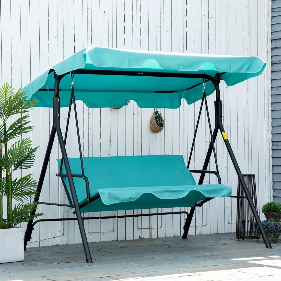 Outsunny Patio Porch Swing Chair With Adjustable Canopy, Seats 3 Adults, Steel Frame, Armrests, Green Green Steel