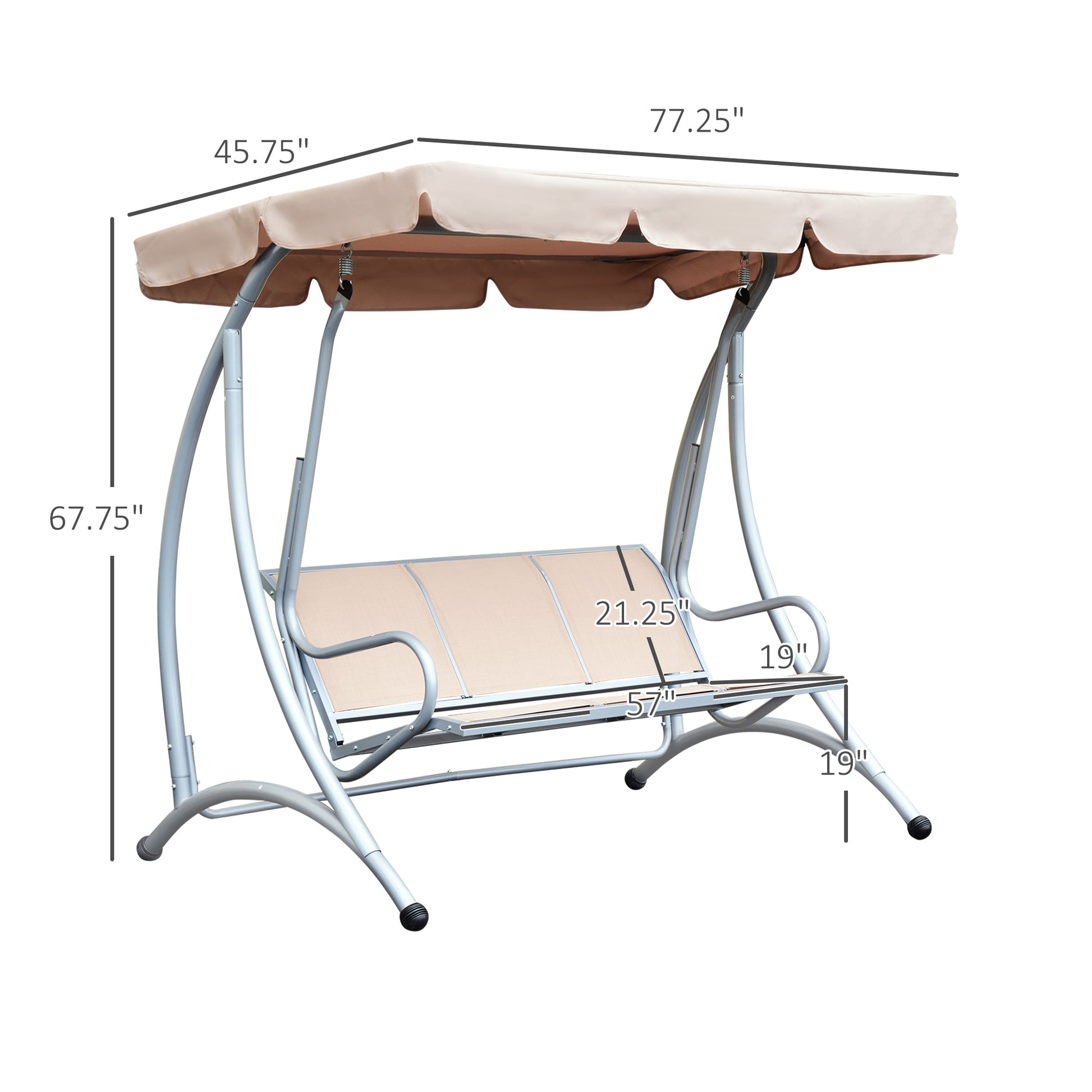 Outsunny 3 Seat Outdoor Porch Swing Chair, Patio Swing Glider With Adjustable Canopy,Seat, And Steel Frame For Garden, Poolside, Backyard, Beige Beige Steel