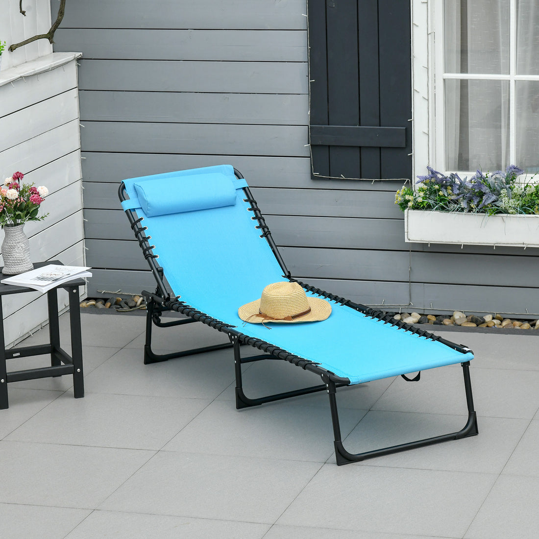 Outsunny Folding Chaise Lounge Pool Chair, Patio Sun Tanning Chair, Outdoor Lounge Chair W 4 Position Reclining Back, Pillow,Mesh & Bungee Seat For Beach, Yard, Patio, Blue Blue Steel