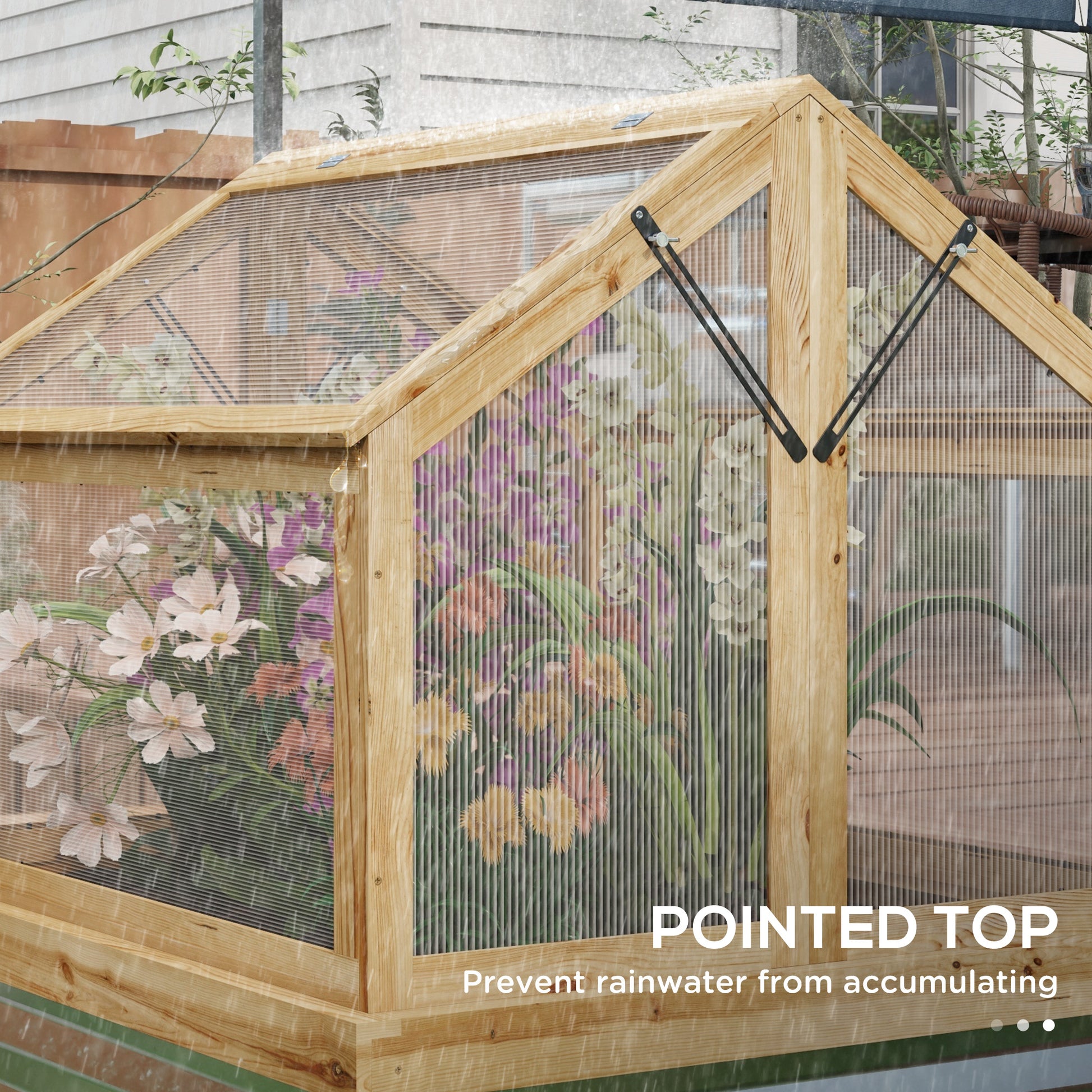 Outsunny Raised Garden Bed With Polycarbonate Greenhouse, Garden Wooden Cold Frame Greenhouse Flower Planter Protection, Peak Roof, 35.5" X 31.5" X 36", Natural Natural Wood