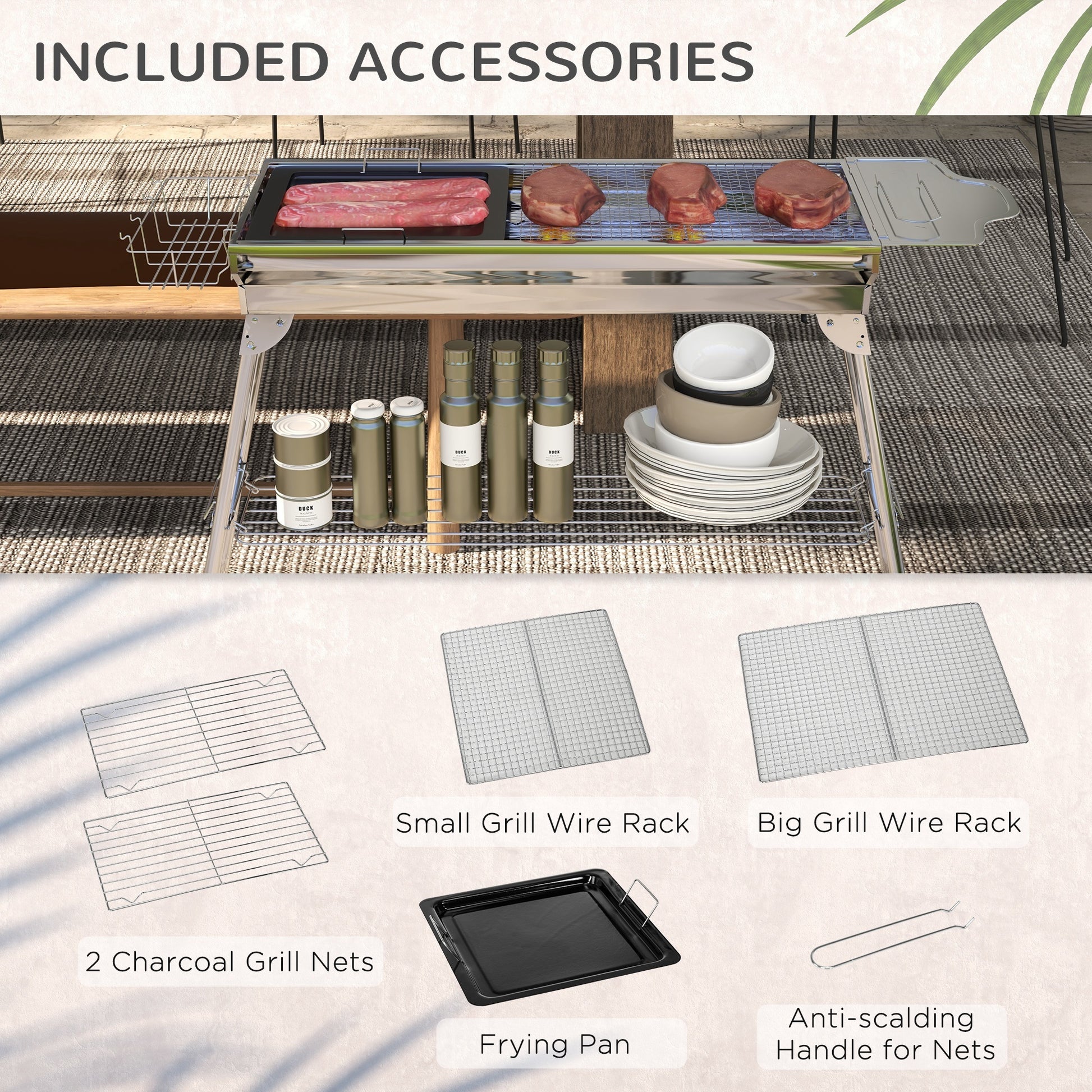 Outsunny Charcoal Grill, Stainless Steel Portable Folding Bbq, Outdoor Hibachi For Backyard Cooking, Camping, Picnic, Party, Tailgating And Travel With Pan, Grill Rack, Shelves, And Hooks Silver Stainless Steel