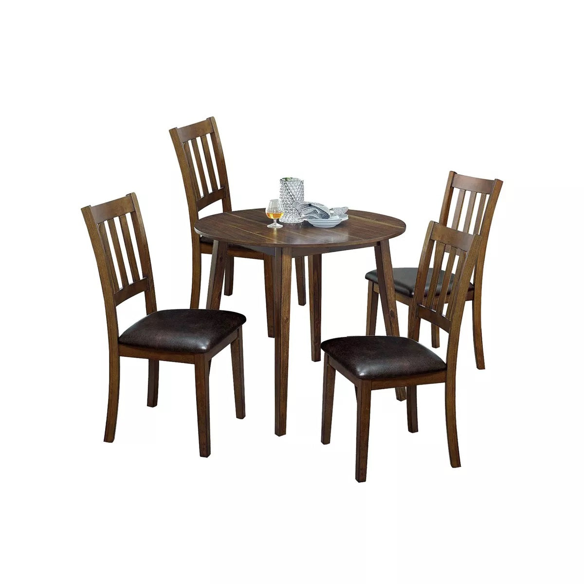 Kitchen 5Pc Dining Set Round Dining Table And 4X Side Chairs Walnut, Dark Brown Transitional Solid Wood Dining Room Furniturepadded Seat Wood Walnut Brown Slat Back Seats 4 Wood Dining Room Solid