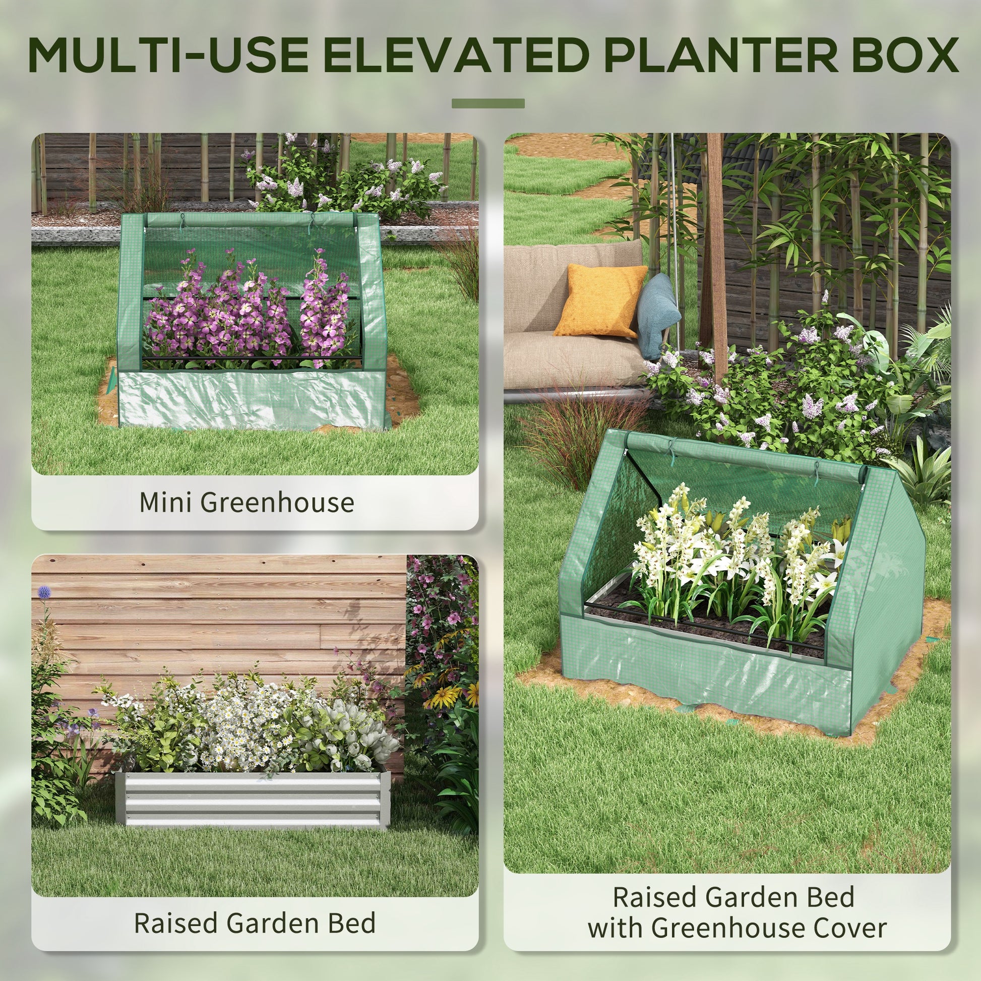 Outsunny Raised Garden Bed With Mini Greenhouse, Galvanized Outdoor Planter Box With Cover, For Herbs And Vegetables, Use For Patio, Garden, Balcony, Green Cover And Silver Planter Green Steel