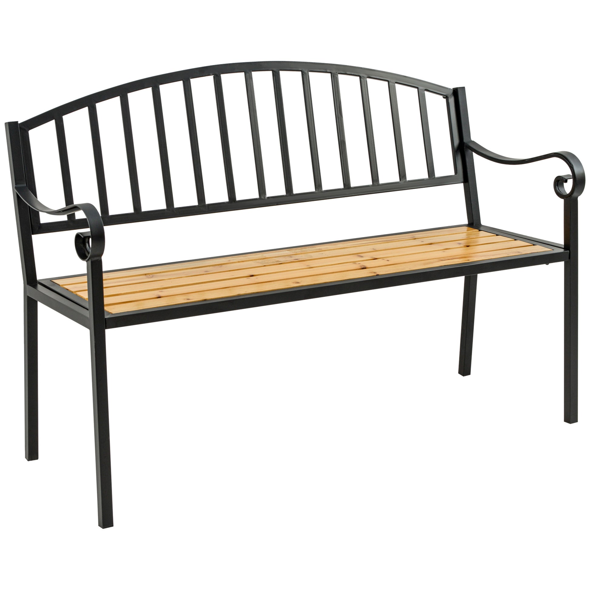 Outsunny 50" Garden Bench, Patio Loveseat With Antique Backrest, Wood Seat And Steel Frame For Backyard Or Porch Natural Steel