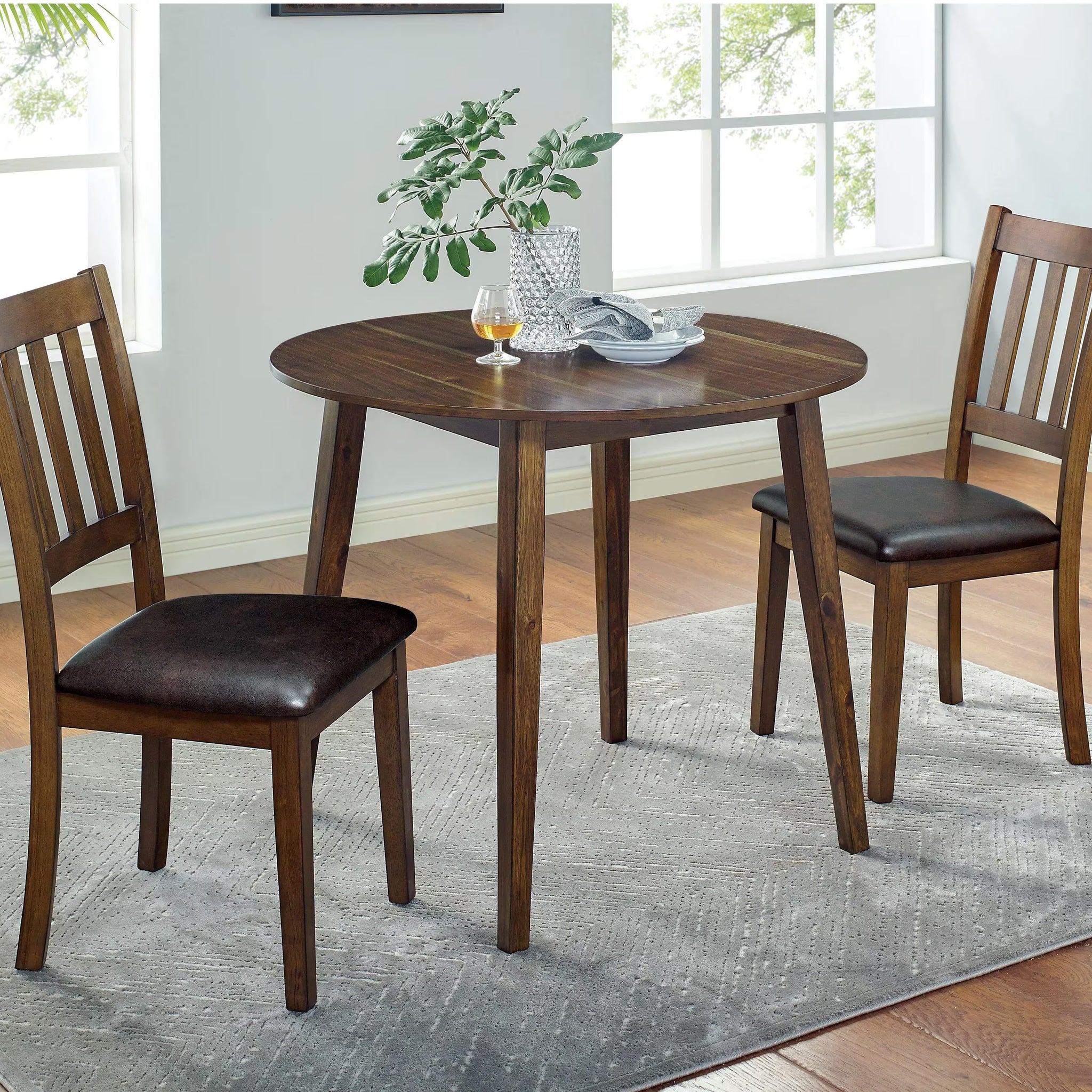 Cozy 3Pc Dining Set Round Dining Table And 2X Side Chairs Walnut, Dark Brown Transitional Solid Wood Dining Room Furniturepadded Seat Wood Walnut Brown Slat Back Seats 2 Wood Dining Room Solid Wood