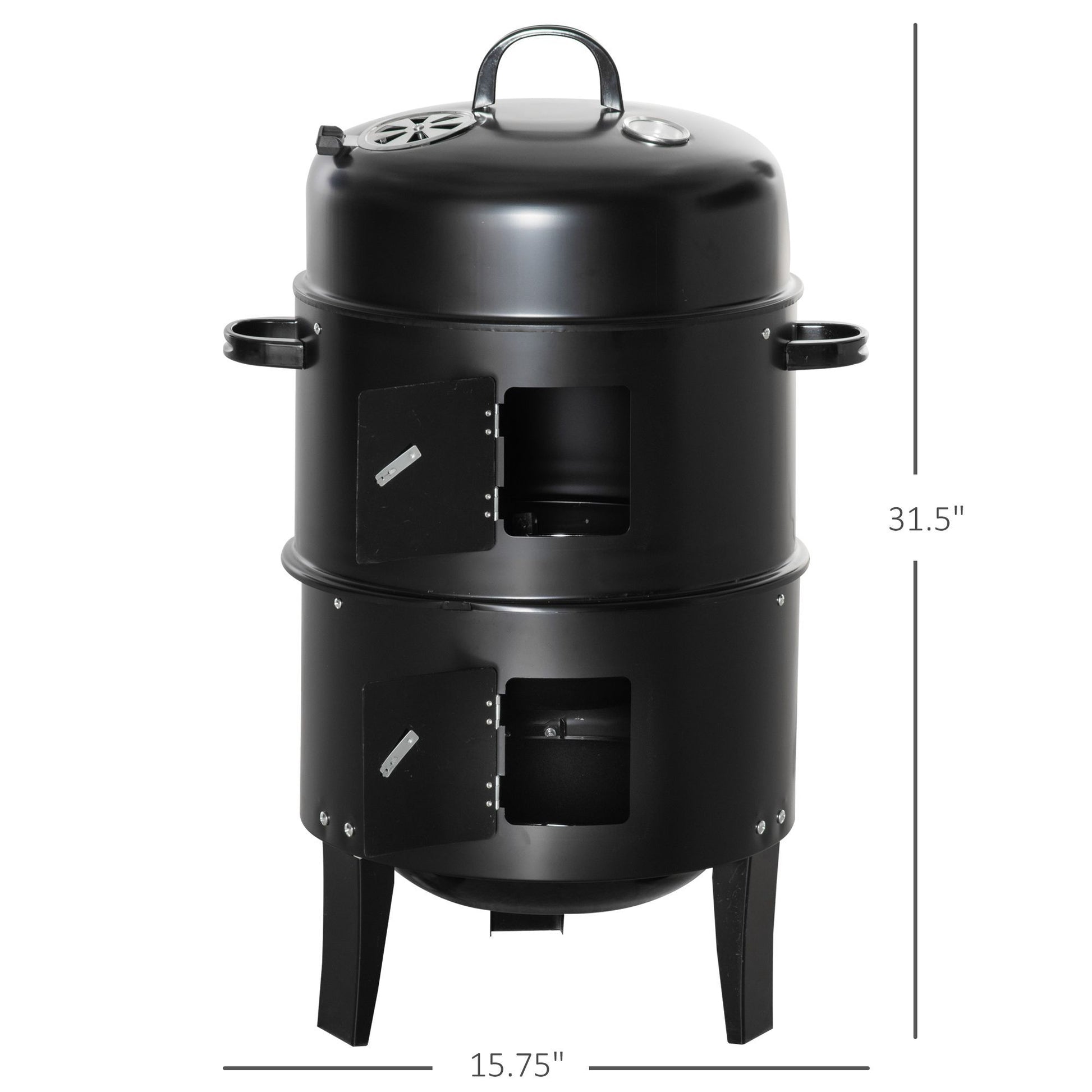 Outsunny Vertical Charcoal Bbq Smoker, 3 In 1 16" Round Charcoal Barbecue Grill With 2 Cooking Area, And Thermometer For Outdoor Camping Picnic Backyard Cooking, Black Black Metal