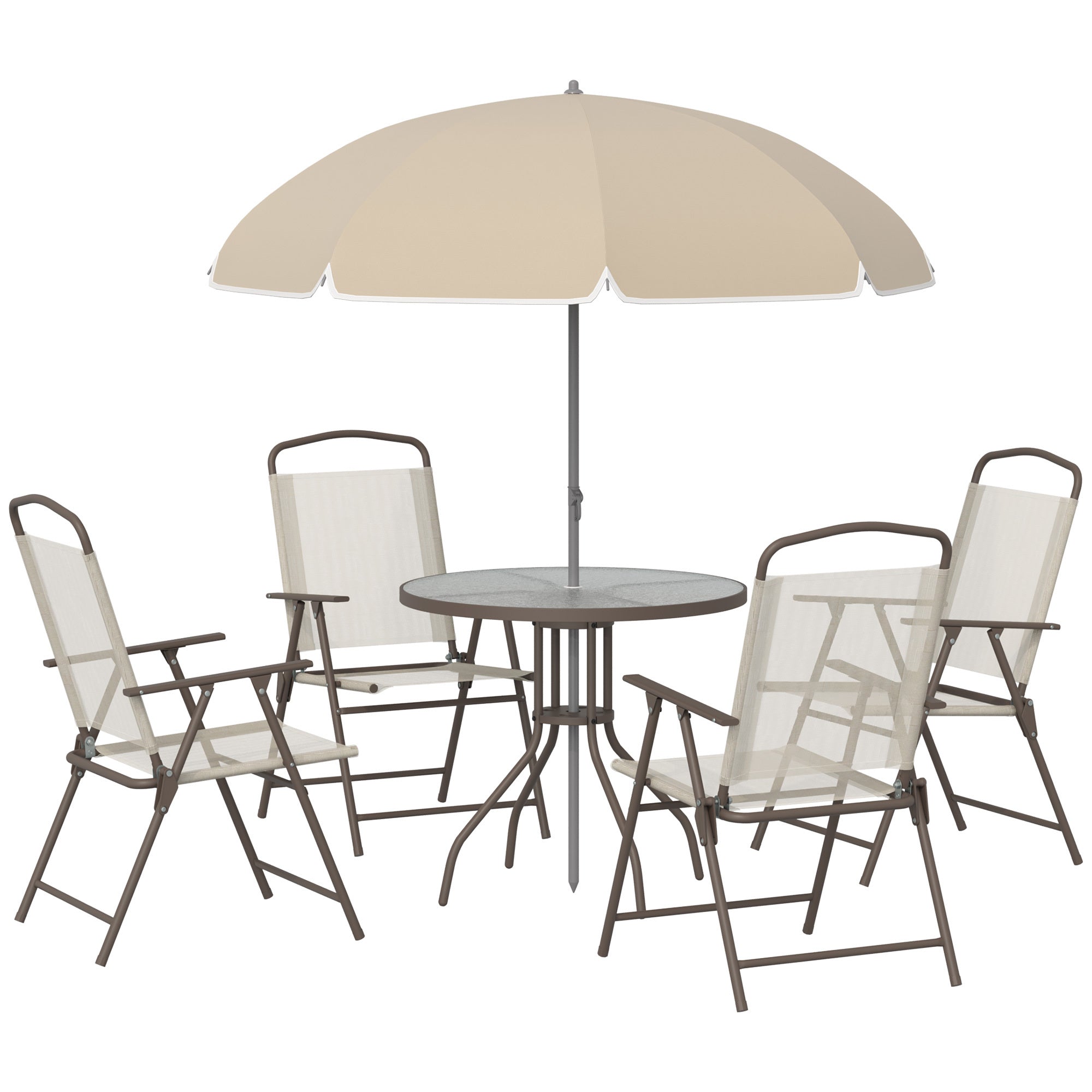 Outsunny 6 Piece Patio Dining Set For 4 With Umbrella, Outdoor Table And Chairs With 4 Folding Dining Chairs & Round Glass Table For Garden, Backyard And Poolside, Beige Beige Steel