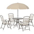 Outsunny 6 Piece Patio Dining Set For 4 With Umbrella, Outdoor Table And Chairs With 4 Folding Dining Chairs & Round Glass Table For Garden, Backyard And Poolside, Beige Beige Steel