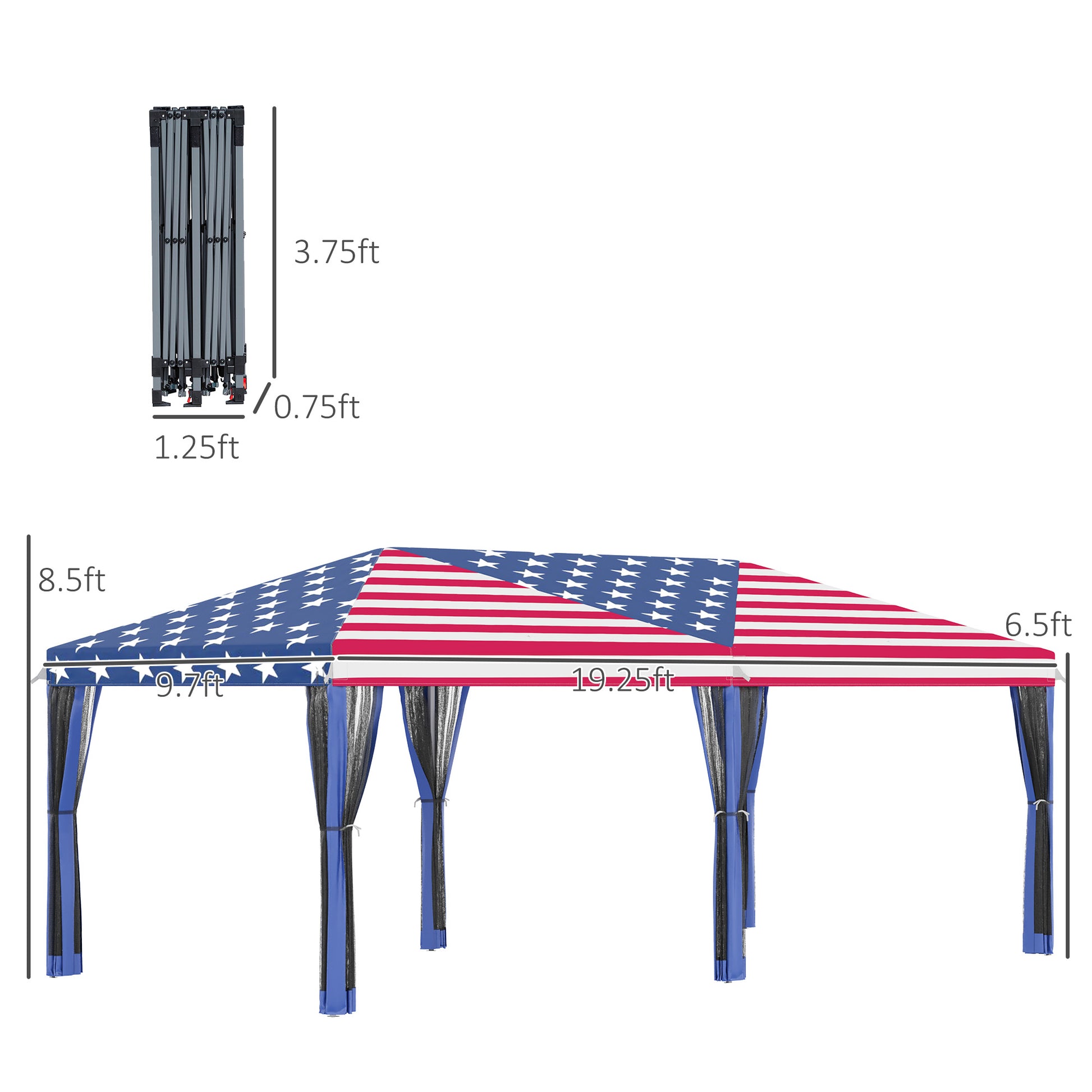 Outsunny 10' X 20' Pop Up Canopy Tent With Netting, Heavy Duty Instant Sun Shelter, Large Tents For Parties With Carry Bag For Outdoor, Garden, Patio, American Flag Blue Steel