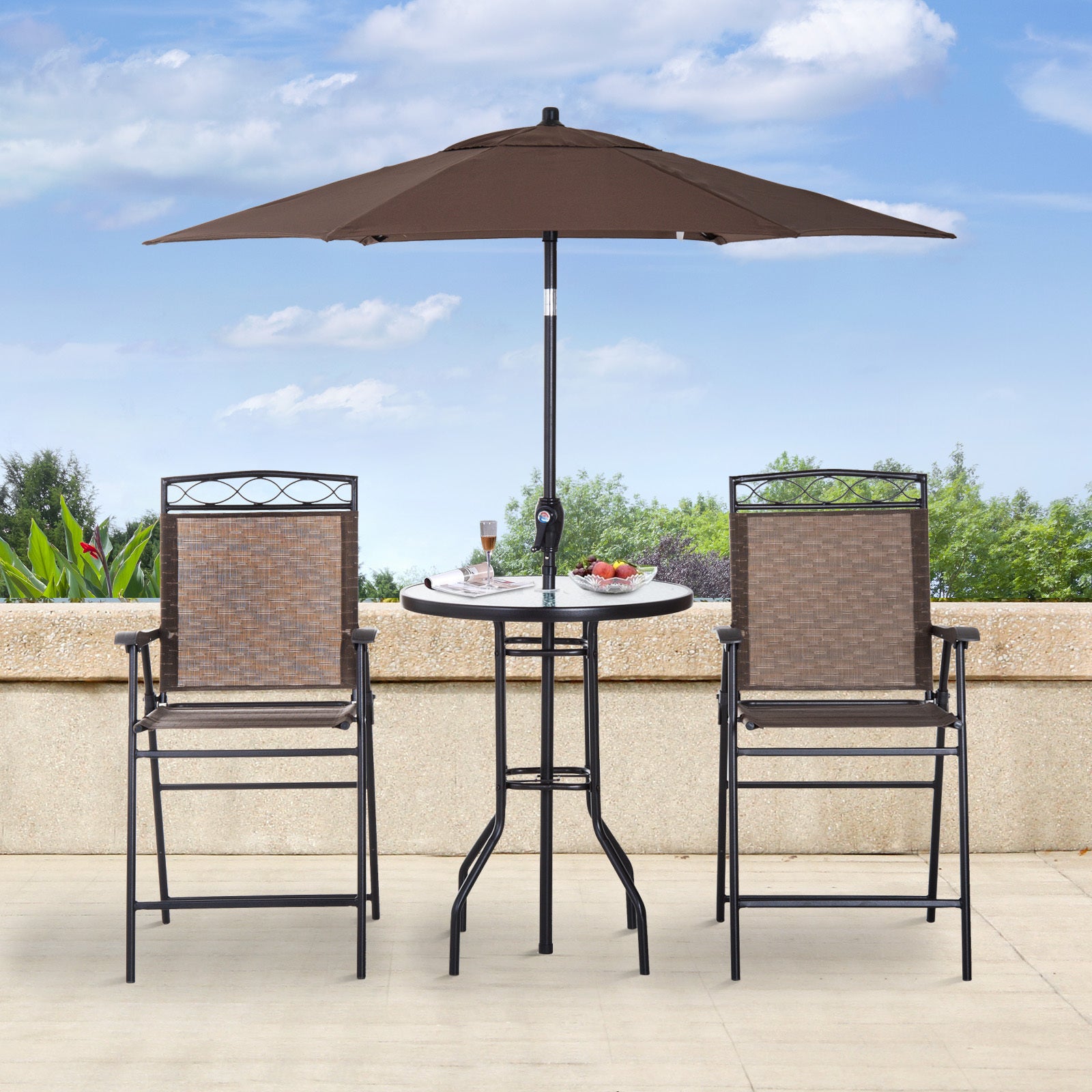 Outsunny 4 Piece Outdoor Patio Dining Furniture Set, 2 Folding Chairs, Adjustable Angle Umbrella, Wave Textured Tempered Glass Dinner Table, Brown Brown Steel