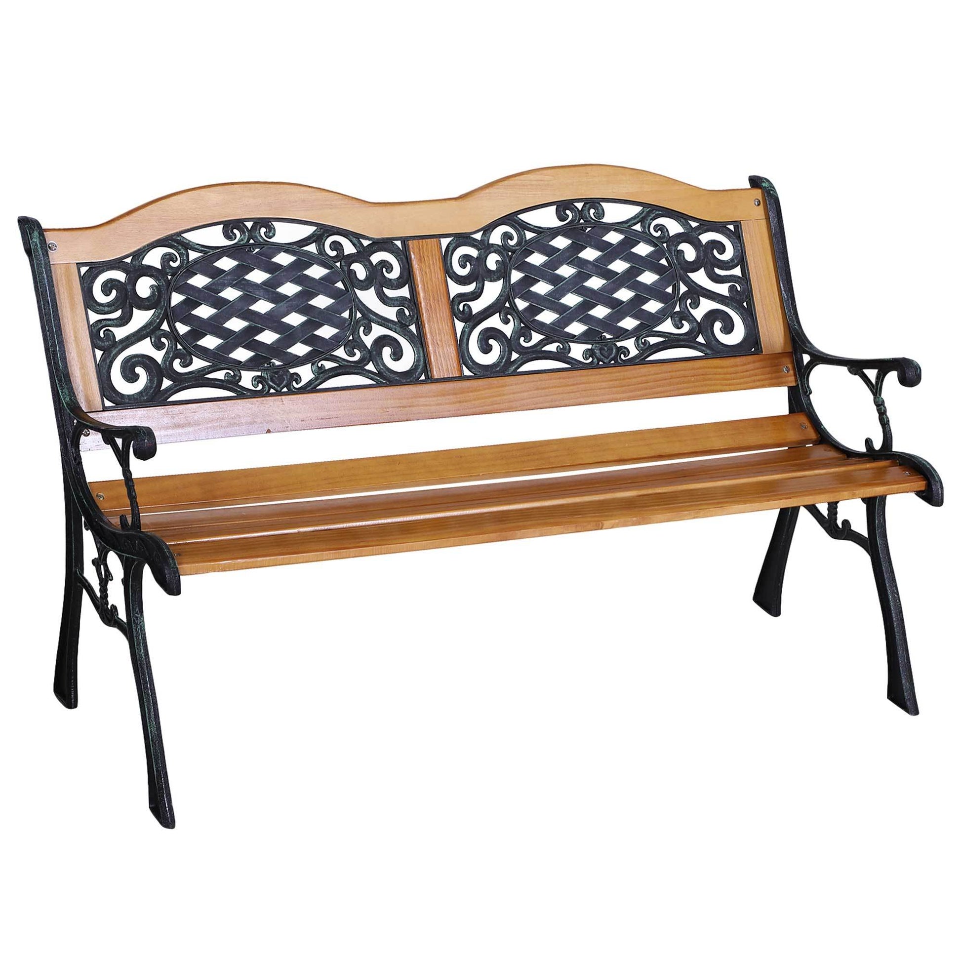 Outsunny 50" Outdoor Garden Bench, Patio Bench With Wood Seat, Porch Bench With Antique Like Flourishes For Backyard, Deck, Lawn, Outside Pool, Teak Natural Wood
