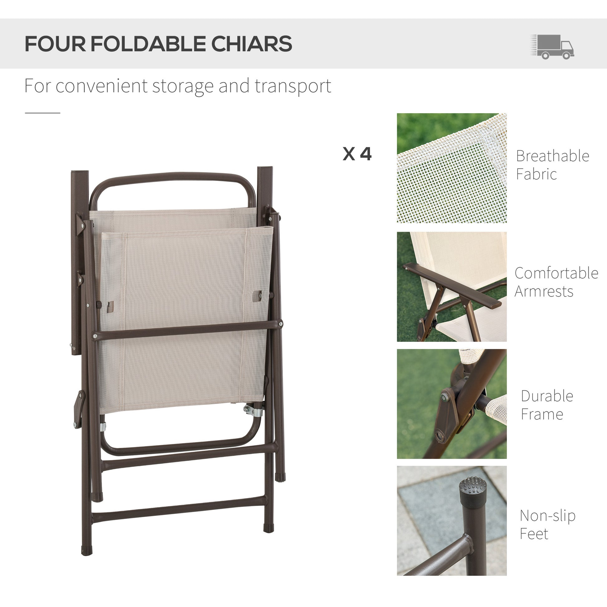 Outsunny 6 Piece Patio Dining Set For 4 With Umbrella, Outdoor Table And Chairs With 4 Folding Dining Chairs & Round Glass Table For Garden, Backyard And Poolside, Beige Beige Steel