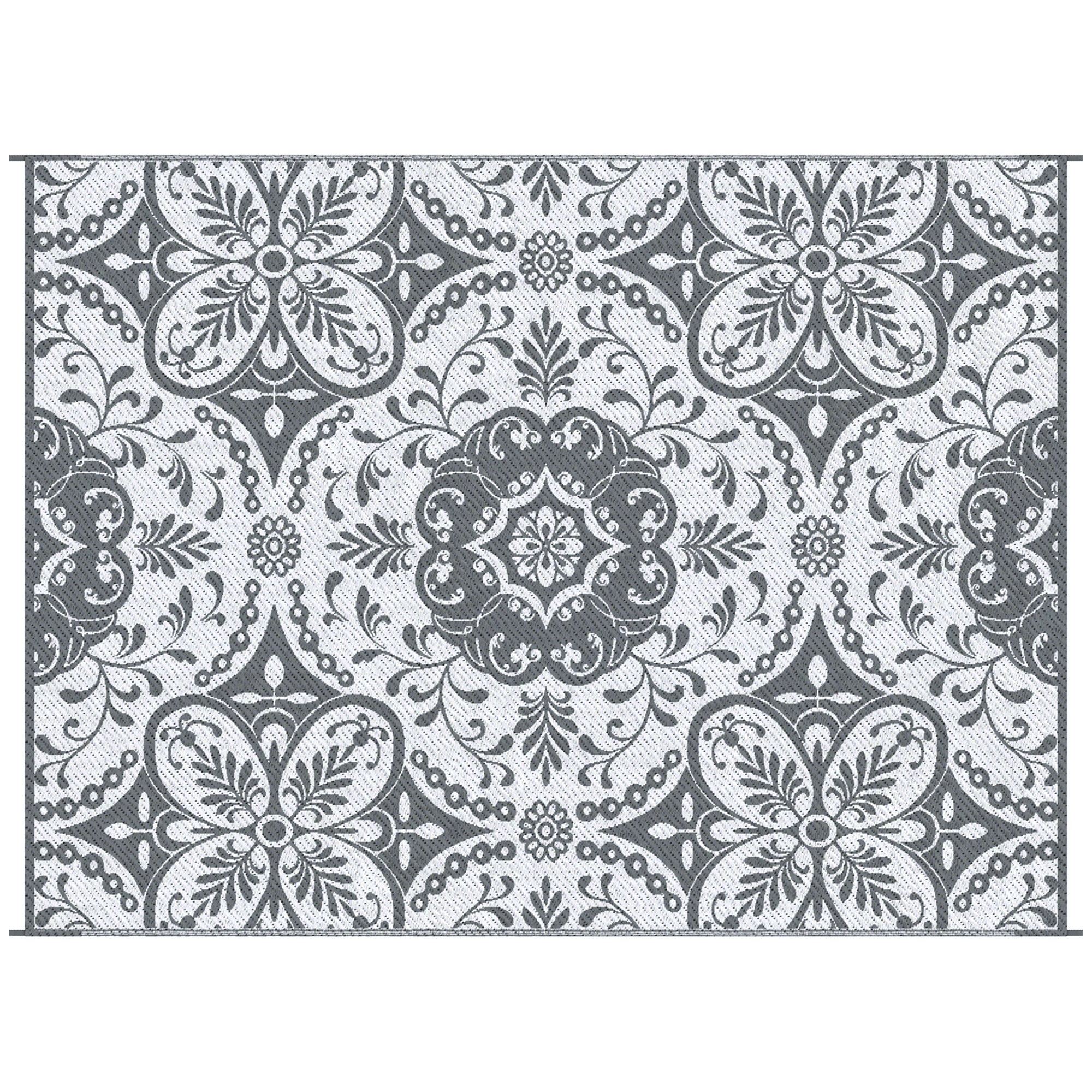 Outsunny Reversible Outdoor Rug Carpet, 9' X 12' Waterproof Plastic Straw Rug, Portable Rv Camping Rugs With Carry Bag, Large Floor Mat For Backyard, Deck, Picnic, Beach, Gray & White Floral Gray Polypropylene