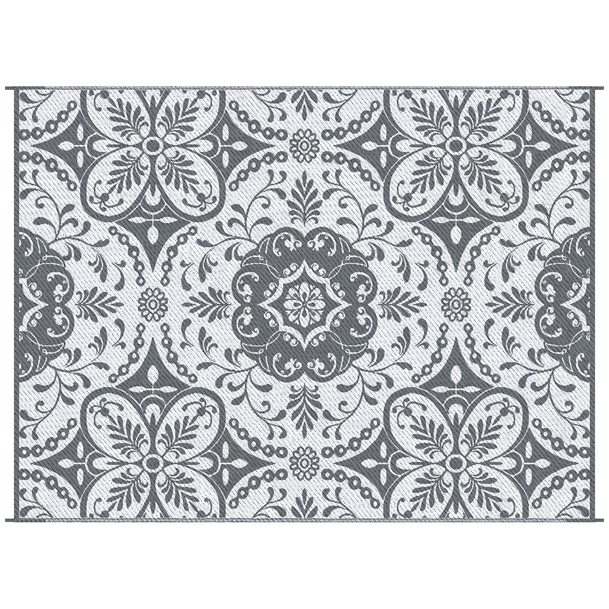 Outsunny Reversible Outdoor Rug Carpet, 9' X 12' Waterproof Plastic Straw Rug, Portable Rv Camping Rugs With Carry Bag, Large Floor Mat For Backyard, Deck, Picnic, Beach, Gray & White Floral Gray Polypropylene