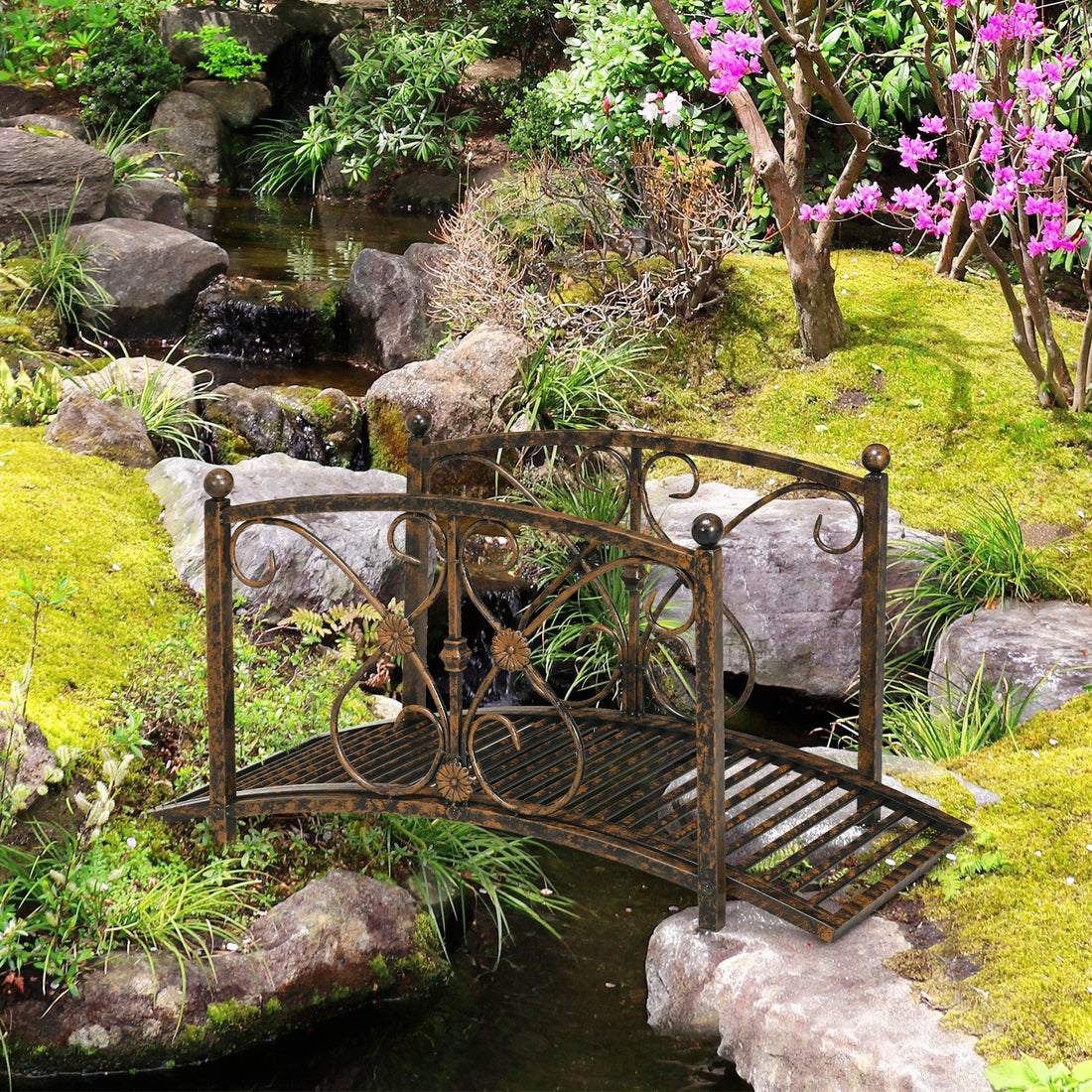 Outsunny 3.3Ft Metal Arch Zen Garden Bridge With Safety Siderails, Decorative Footbridge, Delicate Floral Scrollwork For Stream, Fish Pond, Brown Brown Metal
