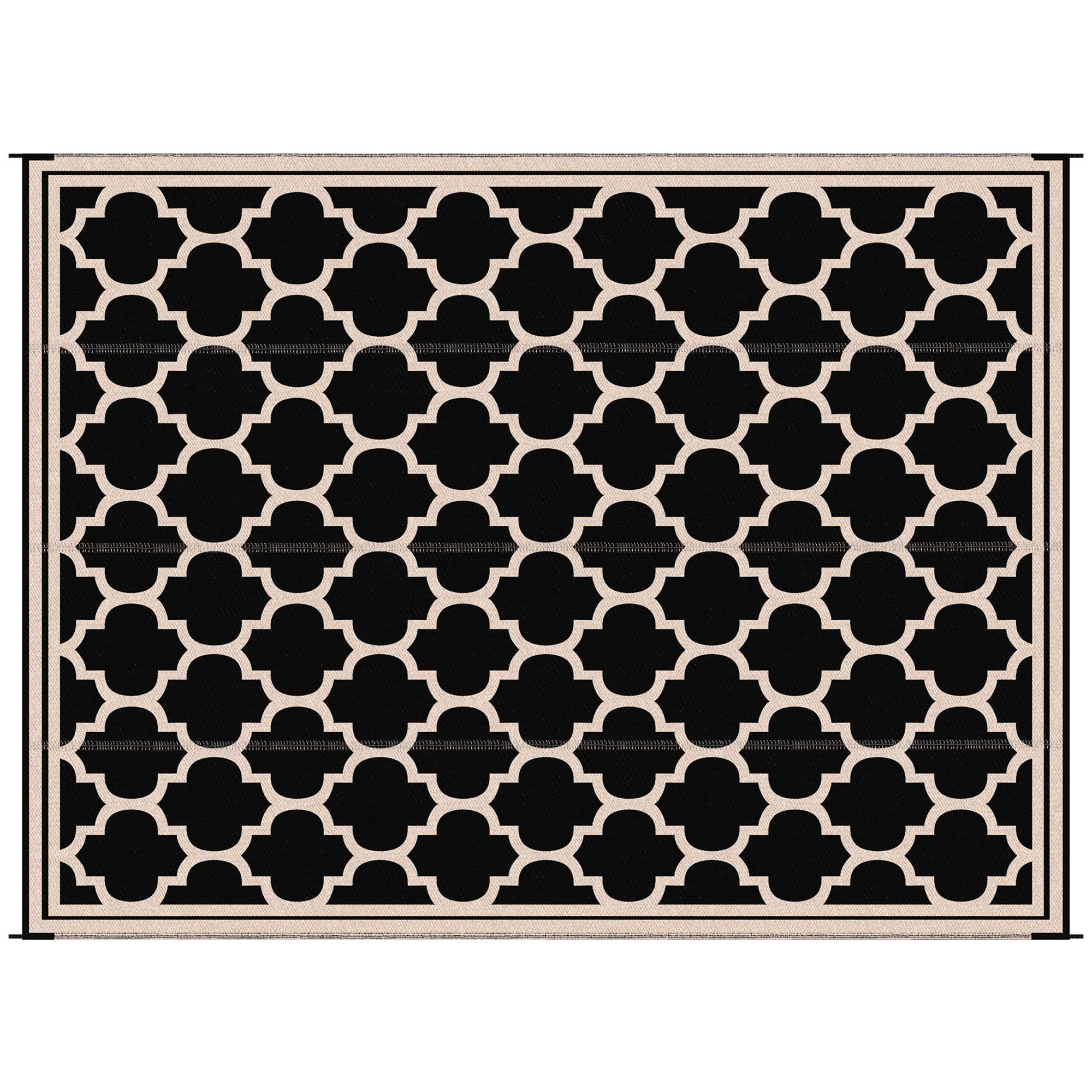 Outsunny Reversible Outdoor Rug Carpet, 9' X 18' Waterproof Plastic Straw Rug, Portable Rv Camping Rugs With Carry Bag, Large Floor Mat For Backyard, Deck, Picnic, Beach, Black & Beige Black Polypropylene