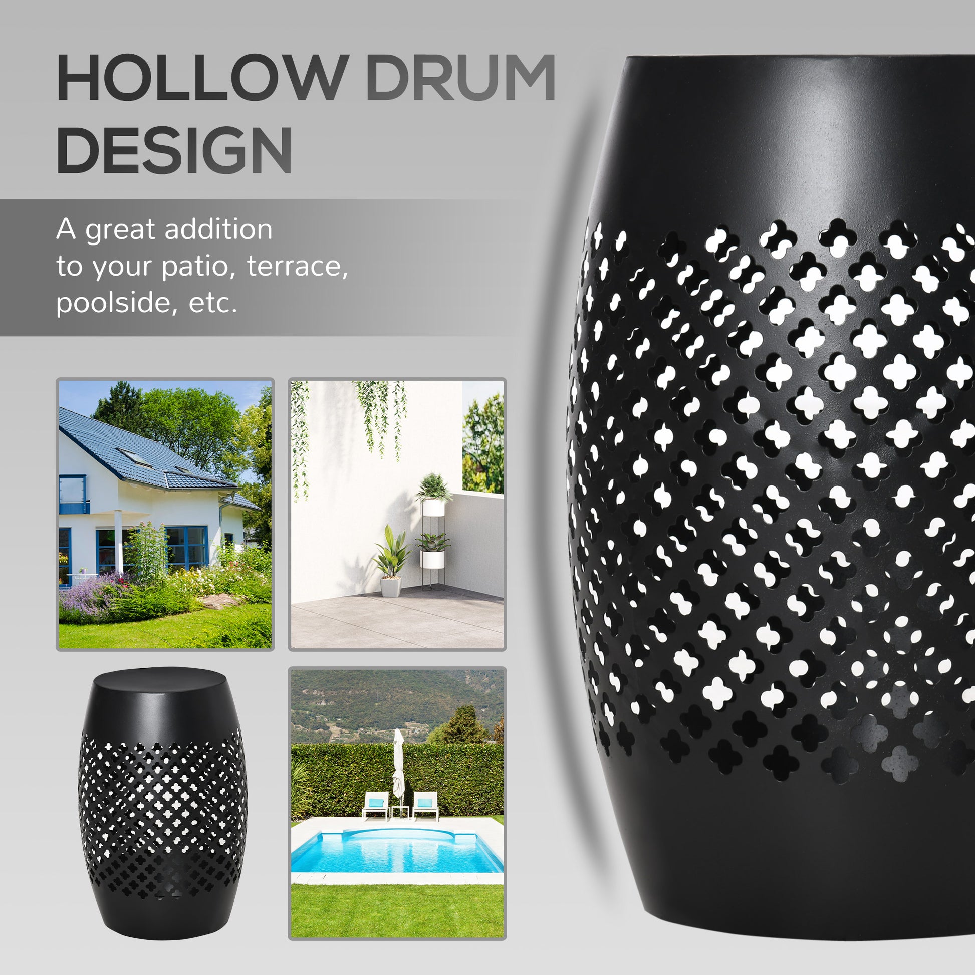 Outsunny 12.5" Steel Patio End Table, Round Hollow Drum Side Table, Accent Table For Indoor And Outdoor, Black Black Steel