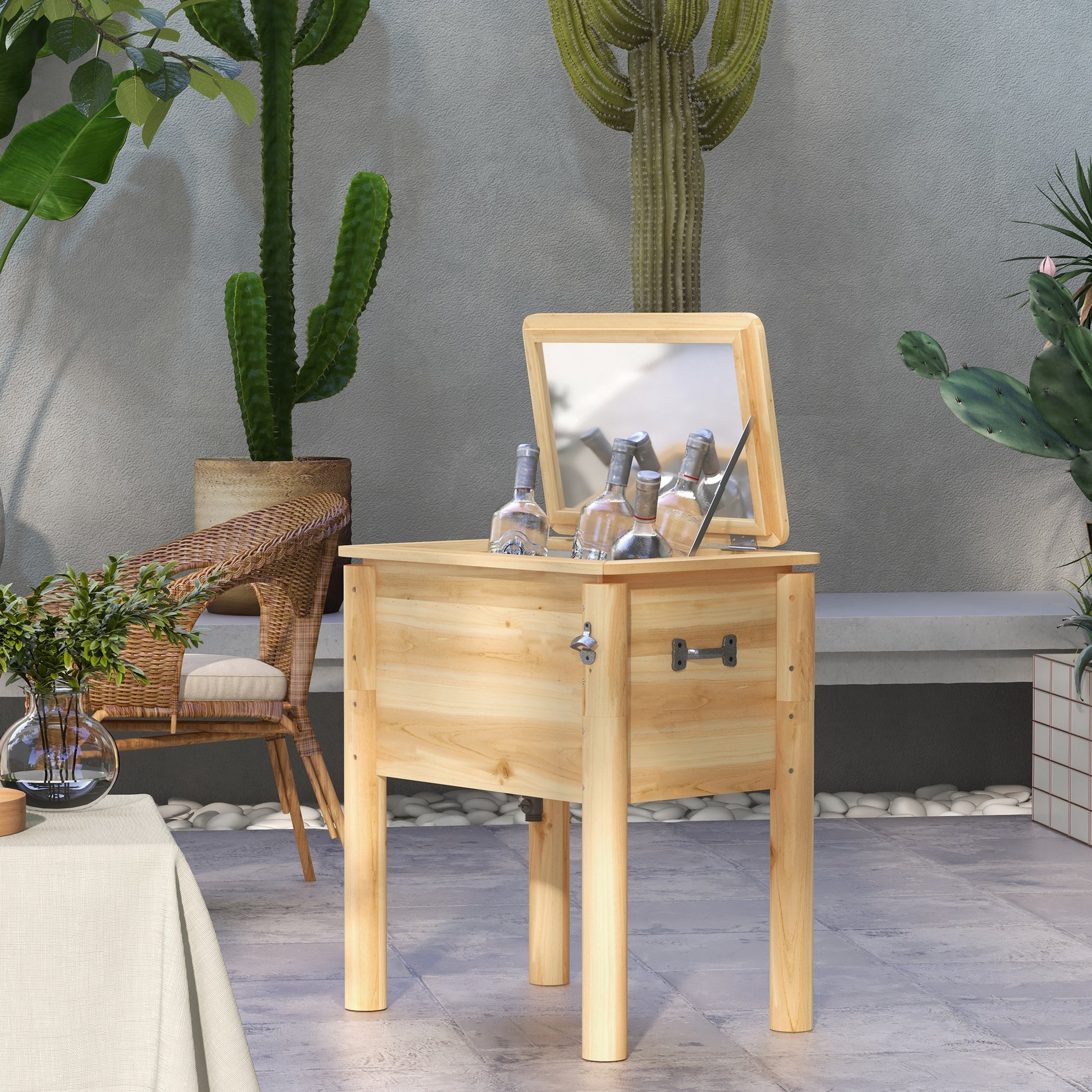 Outsunny Wooden Patio Cooler, 54Qt. Outdoor Beverage Cooler With Bottle Opener And 3 Handles For Backyard Deck Poolside Party, Natural Natural Steel