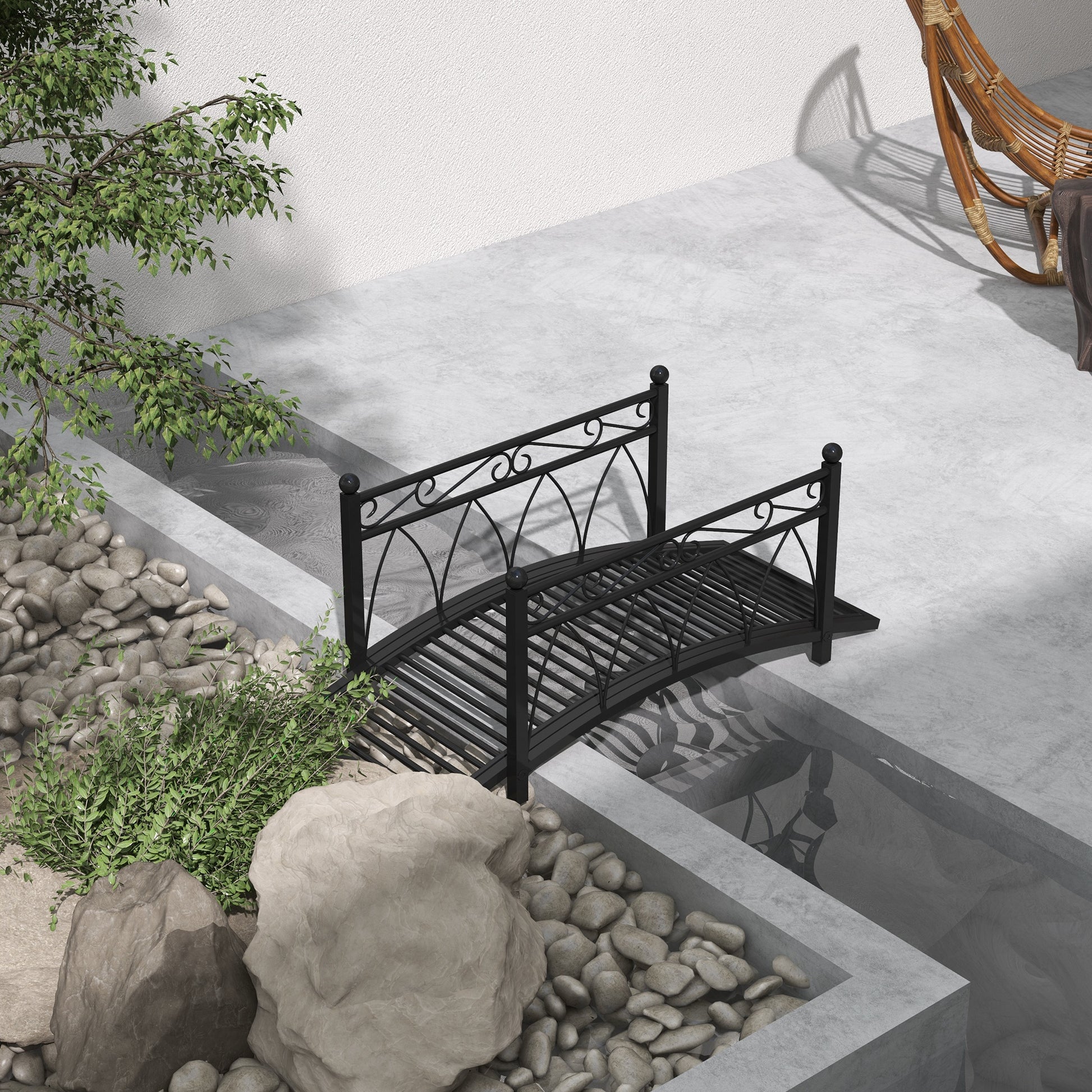 Outsunny 3.3' Metal Arch Zen Garden Bridge With Safety Siderails, Decorative Footbridge, Delicate Scrollwork & Corner Spheres For Stream, Fish Pond, Black Black Steel