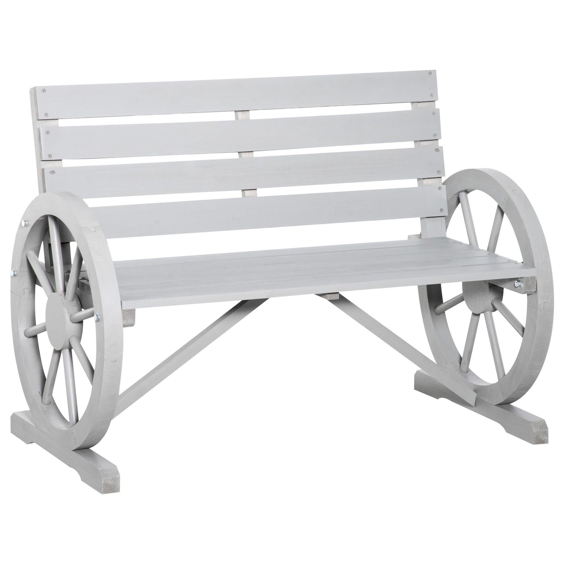 Outsunny 41" Wooden Wagon Wheel Bench, Rustic Outdoor Patio Weather Resistance Furniture, 2 Person Slatted Seat Bench With Backrest, Light Gray Gray Wood
