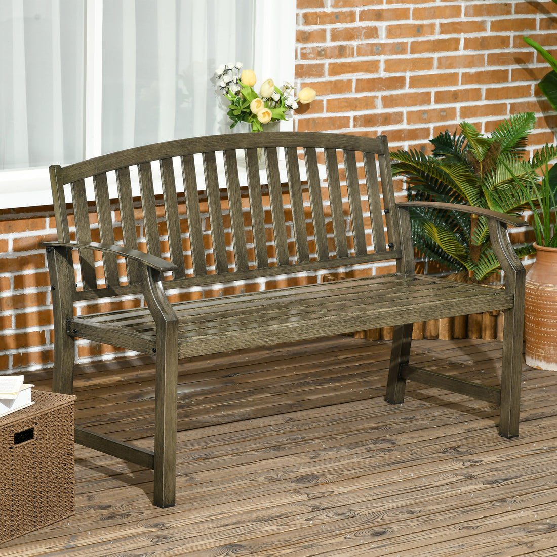 Outsunny 46" Outdoor Garden Bench, Metal Bench, Wood Look Slatted Frame Furniture For Patio, Park, Porch, Lawn, Yard, Deck, Black Black Steel