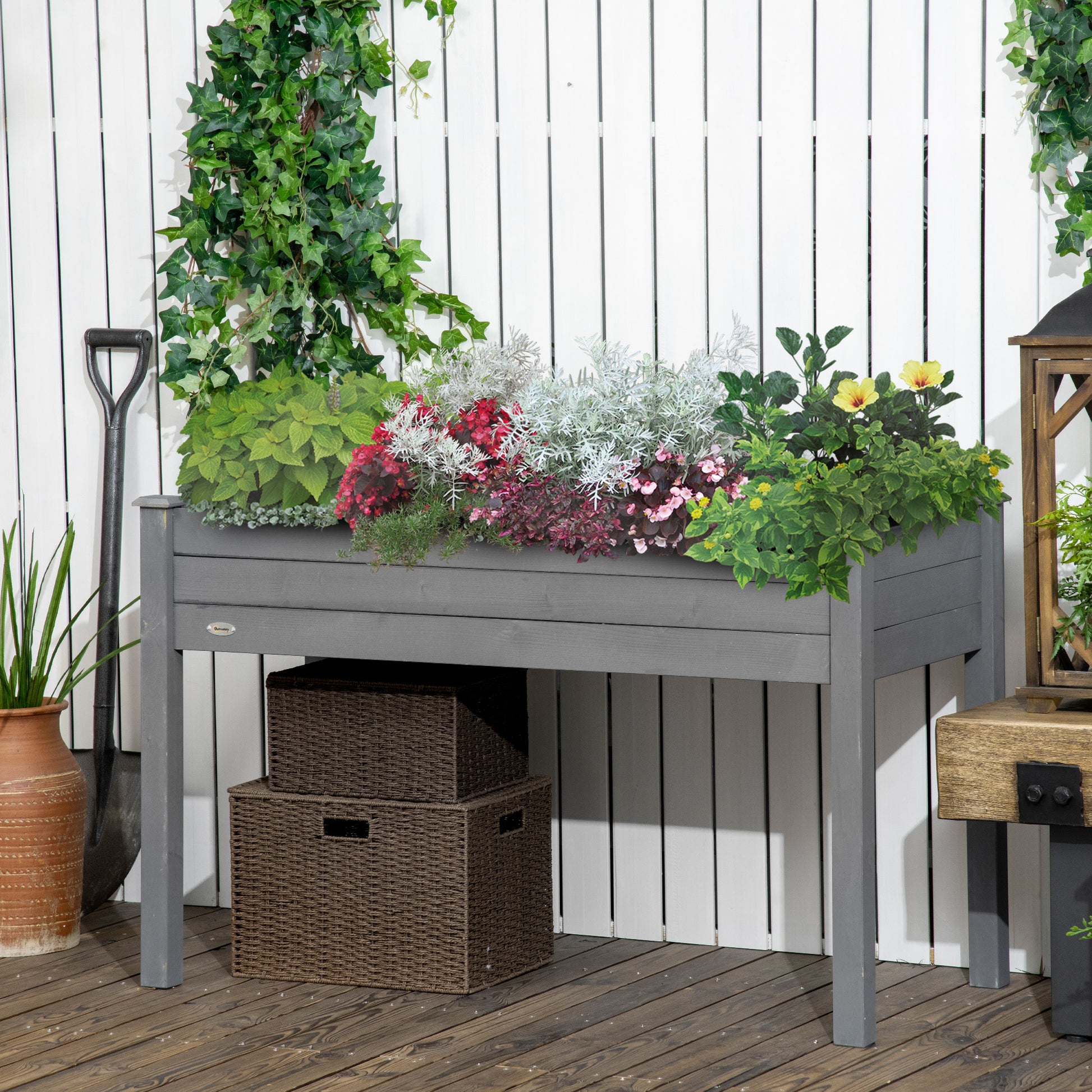 Outsunny Raised Garden Bed With Legs, 48" X 22" X 30", Elevated Wooden Planter Box, Self Draining With Bed Liner For Vegetables, Herbs, And Flowers Backyard, Patio, Balcony Use, Dark Gray Gray Wood