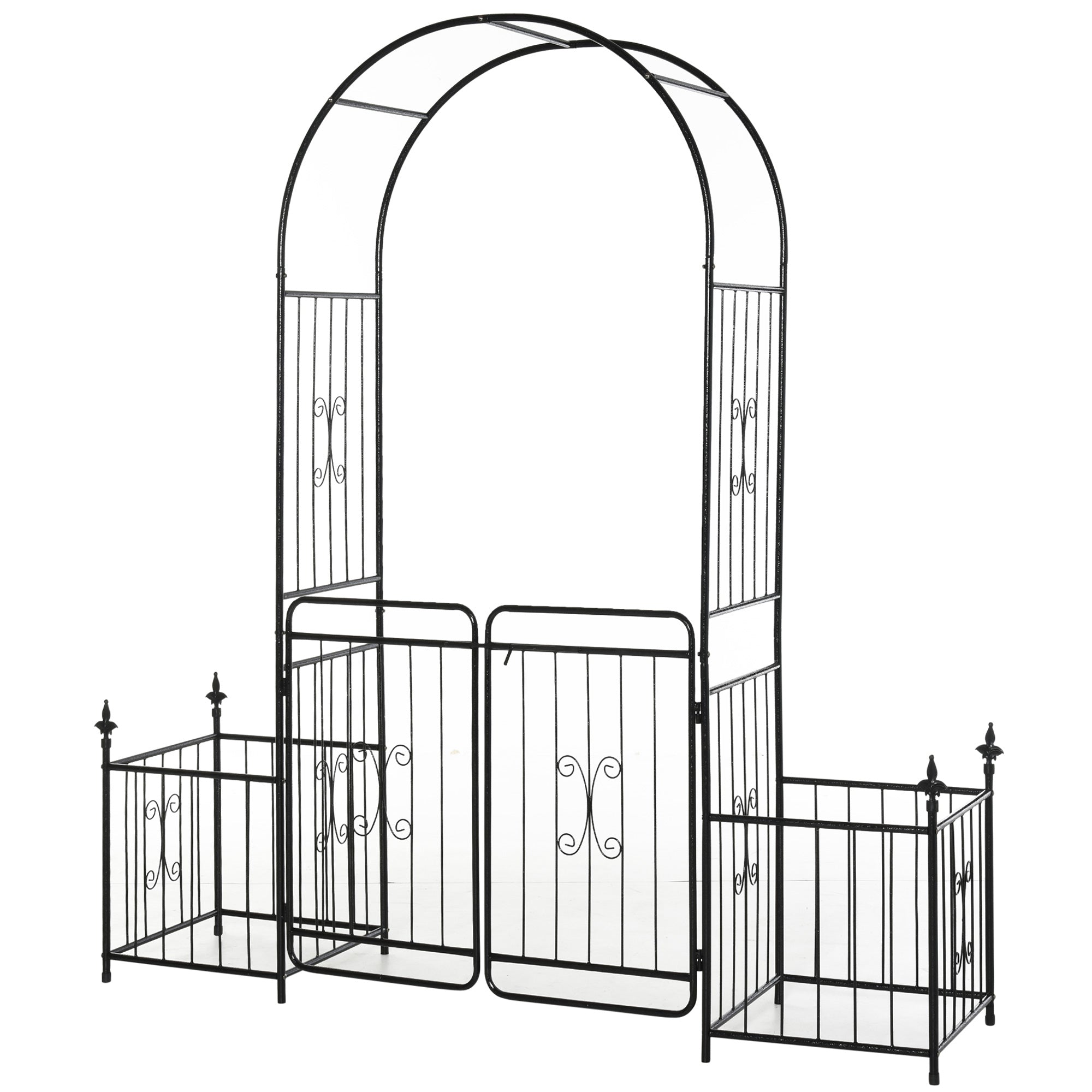Outsunny 86" Garden Arbor Arch Gate With Trellis Sides For Climbing Plants, Wedding Ceremony Decorations, Grape Vines With Locking Doors, Planter Baskets, Flourishes & Arrow Tips, Black Black Metal