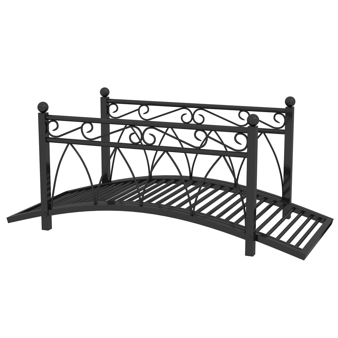 Outsunny 3.3' Metal Arch Zen Garden Bridge With Safety Siderails, Decorative Footbridge, Delicate Scrollwork & Corner Spheres For Stream, Fish Pond, Black Black Steel