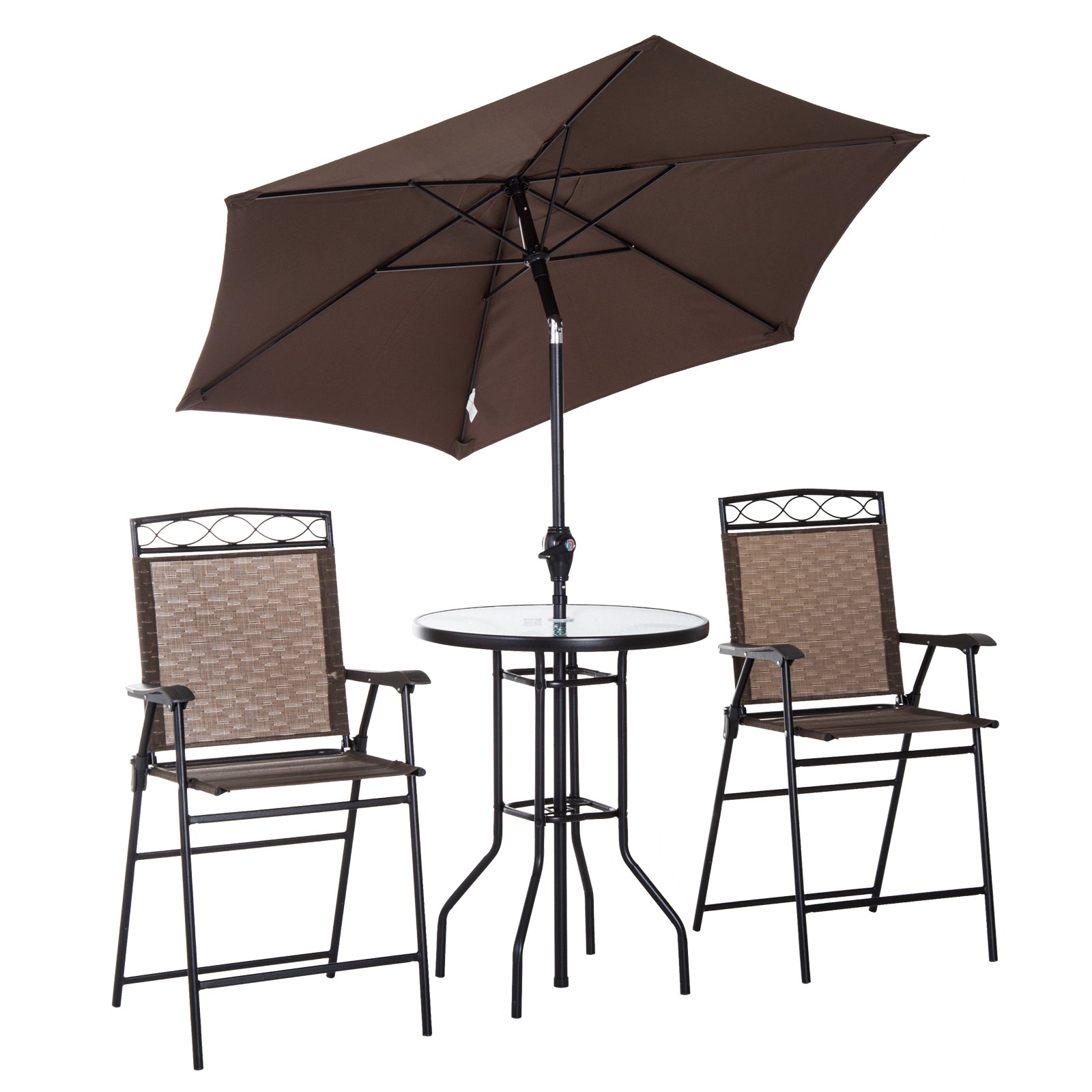 Outsunny 4 Piece Outdoor Patio Dining Furniture Set, 2 Folding Chairs, Adjustable Angle Umbrella, Wave Textured Tempered Glass Dinner Table, Brown Brown Steel