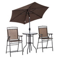Outsunny 4 Piece Outdoor Patio Dining Furniture Set, 2 Folding Chairs, Adjustable Angle Umbrella, Wave Textured Tempered Glass Dinner Table, Brown Brown Steel