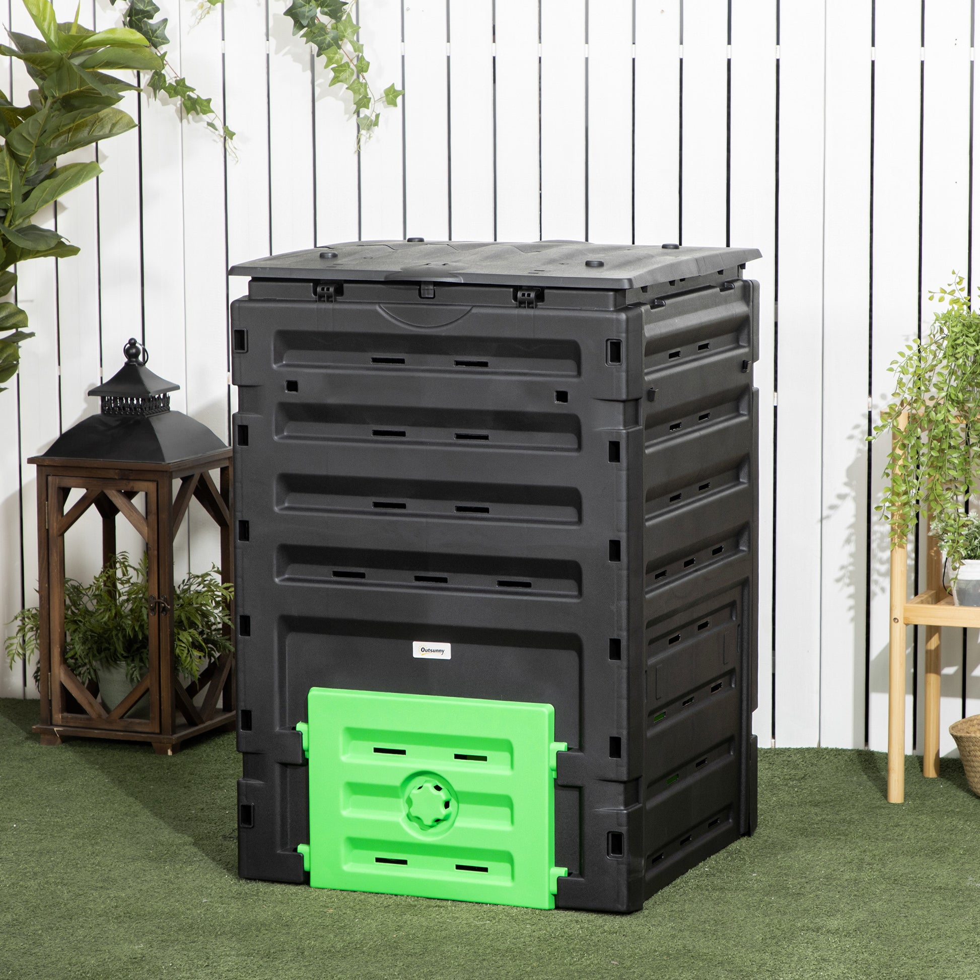 Outsunny Garden Compost Bin, 120 Gallon 450L Garden Composter, Bpa Free, With 80 Vents And 2 Sliding Doors, Lightweight & Sturdy, Fast Creation Of Fertile Soil, Black Black Polypropylene