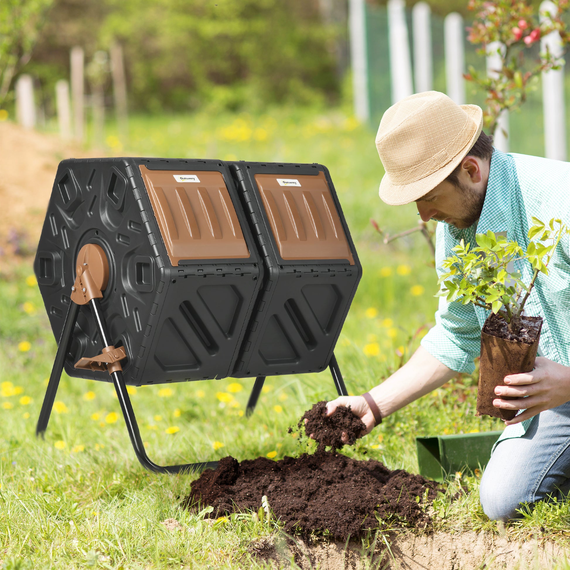 Outsunny Dual Compost Tumbler Bin, Outdoor Tumbling Composter With 24 Ventilation Openings And Steel Legs, 34.5 Gallon Black Steel